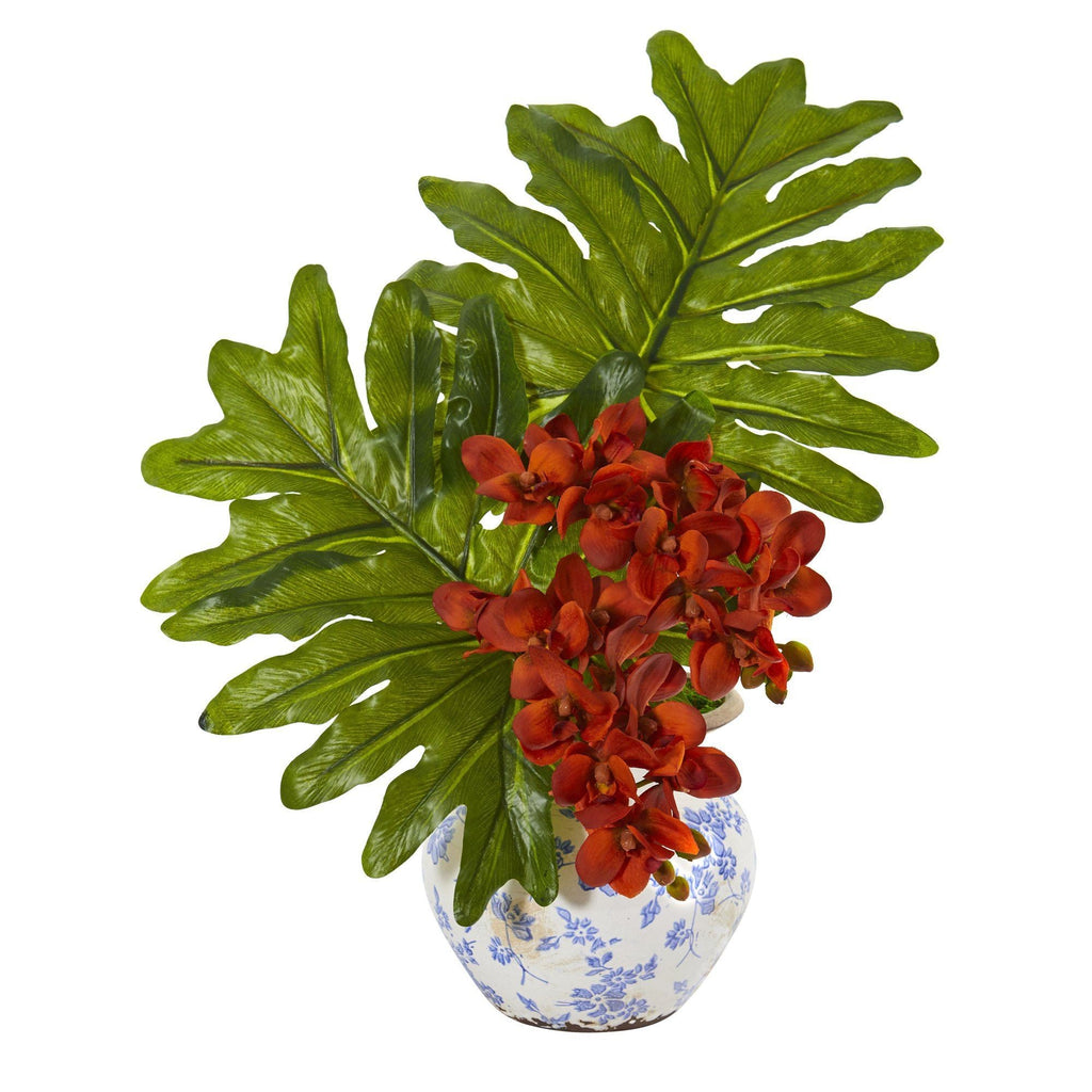 22” Phalaenopsis Orchid and Philo Leaf Arrangement in Vase