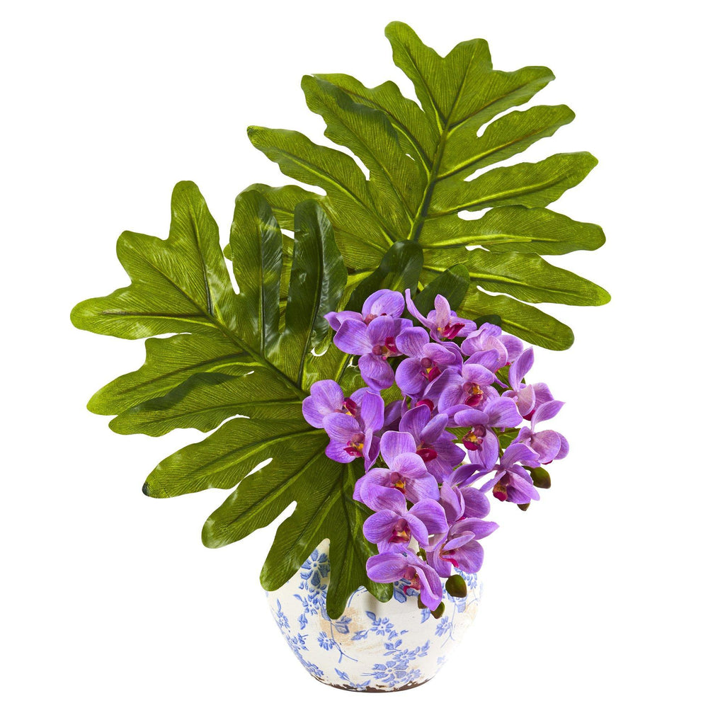22” Phalaenopsis Orchid and Philo Leaf Arrangement in Vase