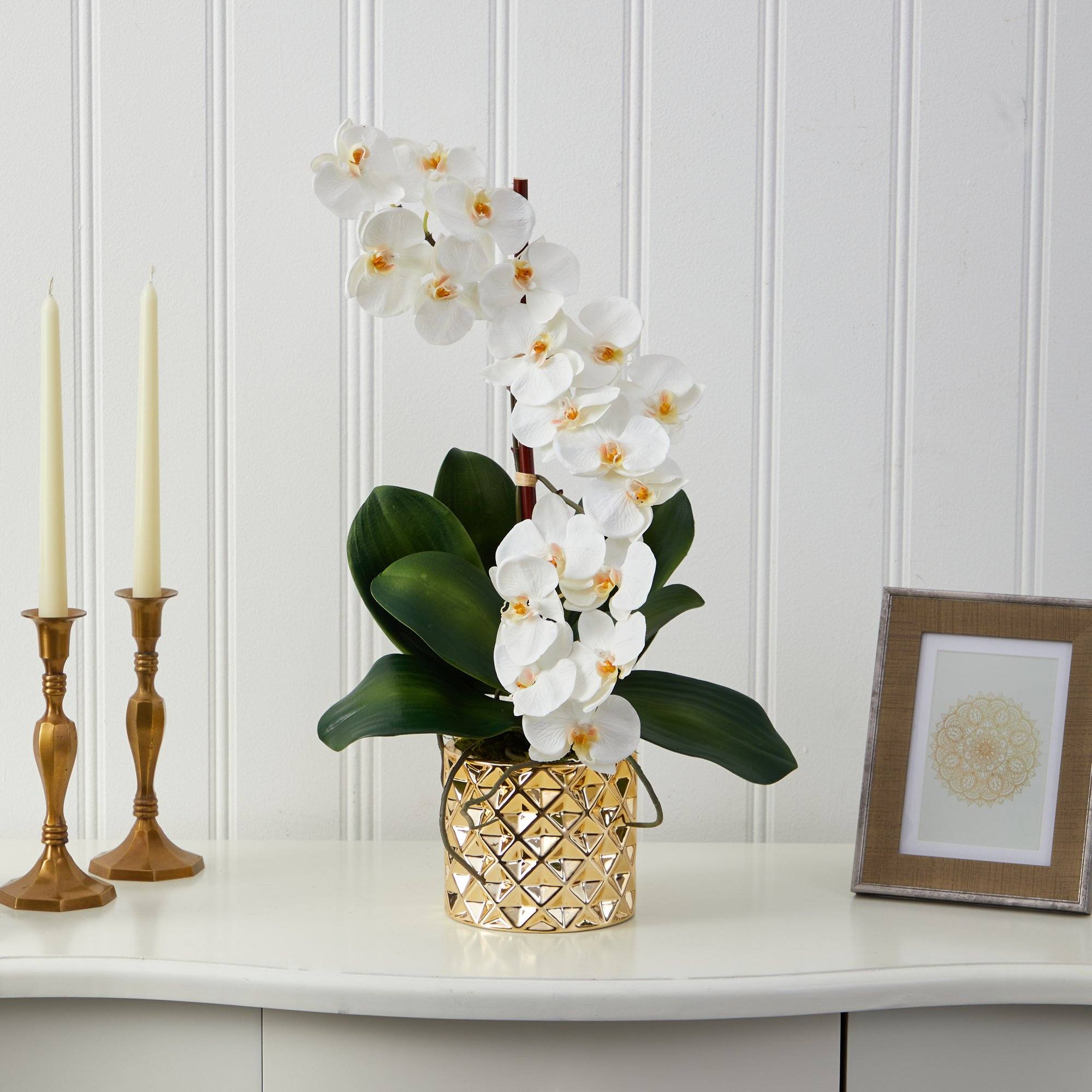 22” Phalaenopsis Orchid Artificial Arrangement in Gold Vase