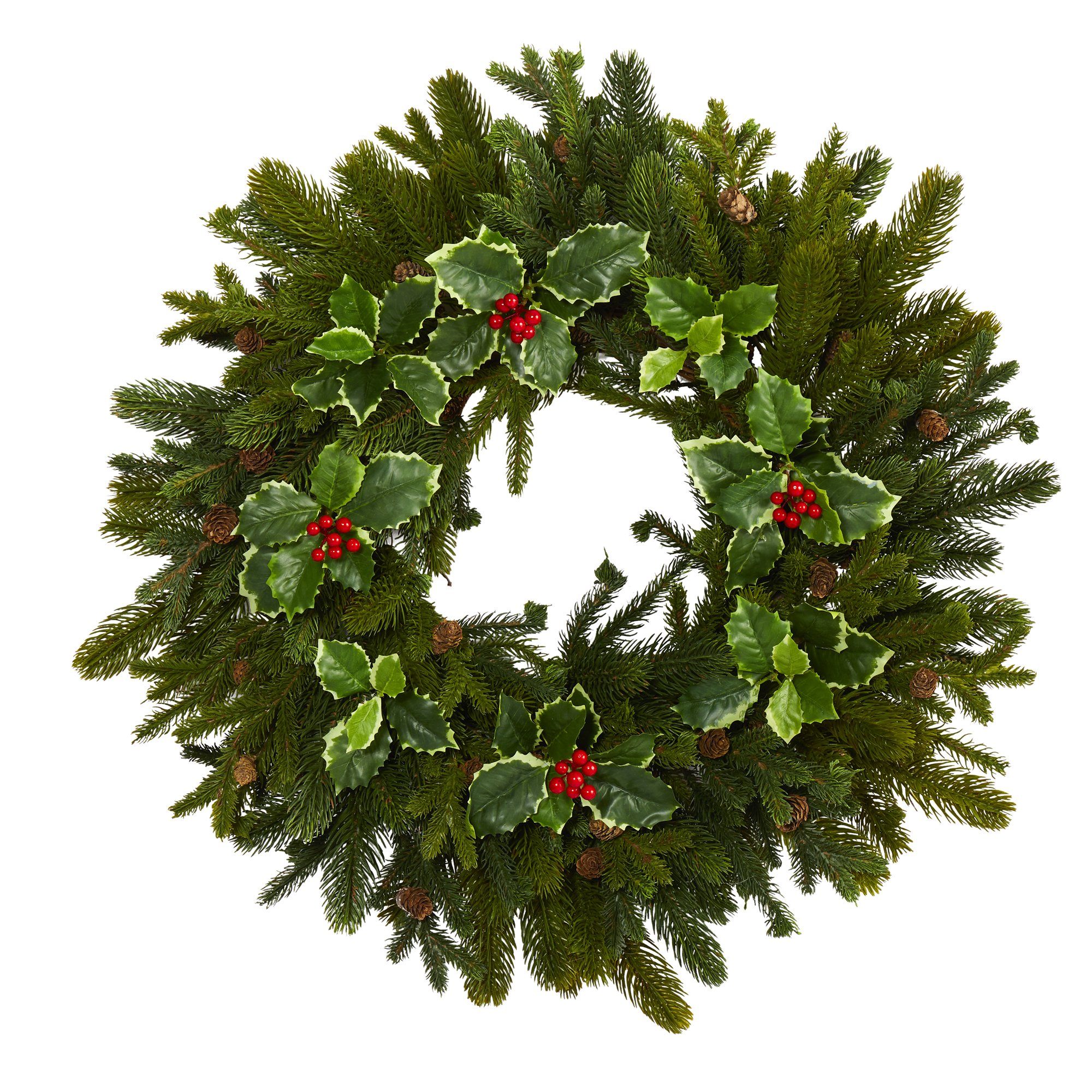 22” Pine, Pinecone and Variegated Holly Leaf Artificial Wreath