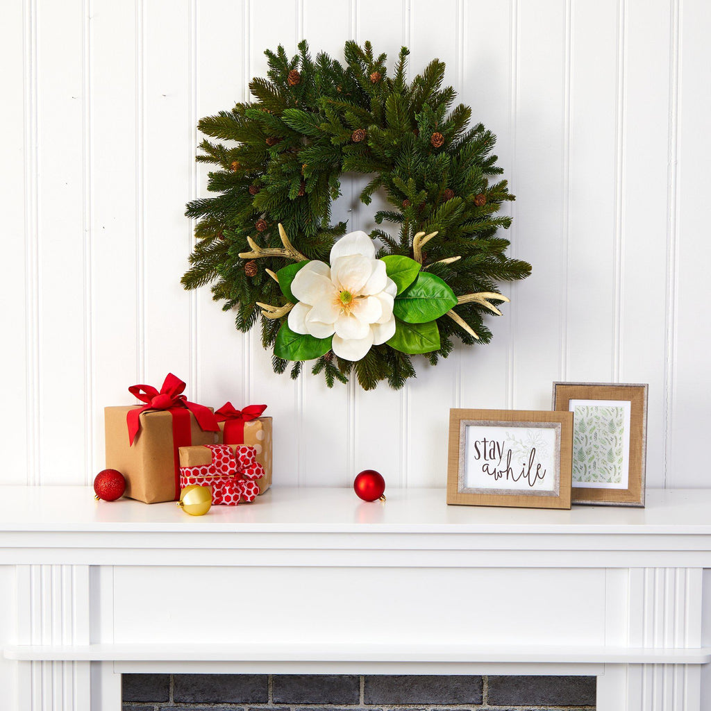 22” Pine, Pinecone, Magnolia and Antler Artificial Wreath