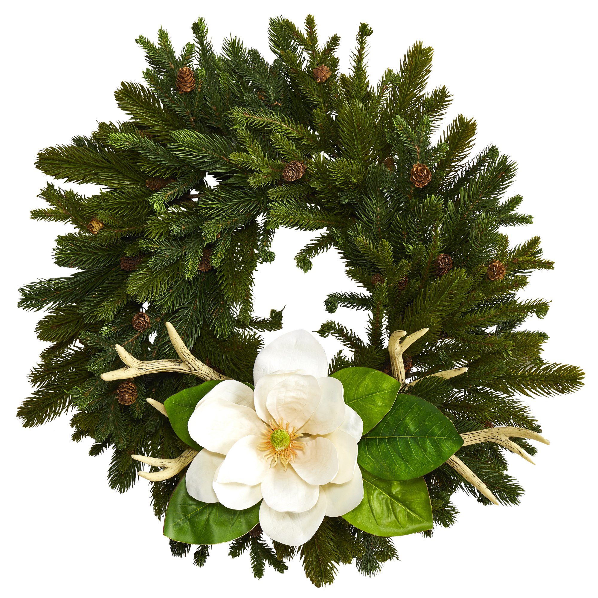 22” Pine, Pinecone, Magnolia and Antler Artificial Wreath