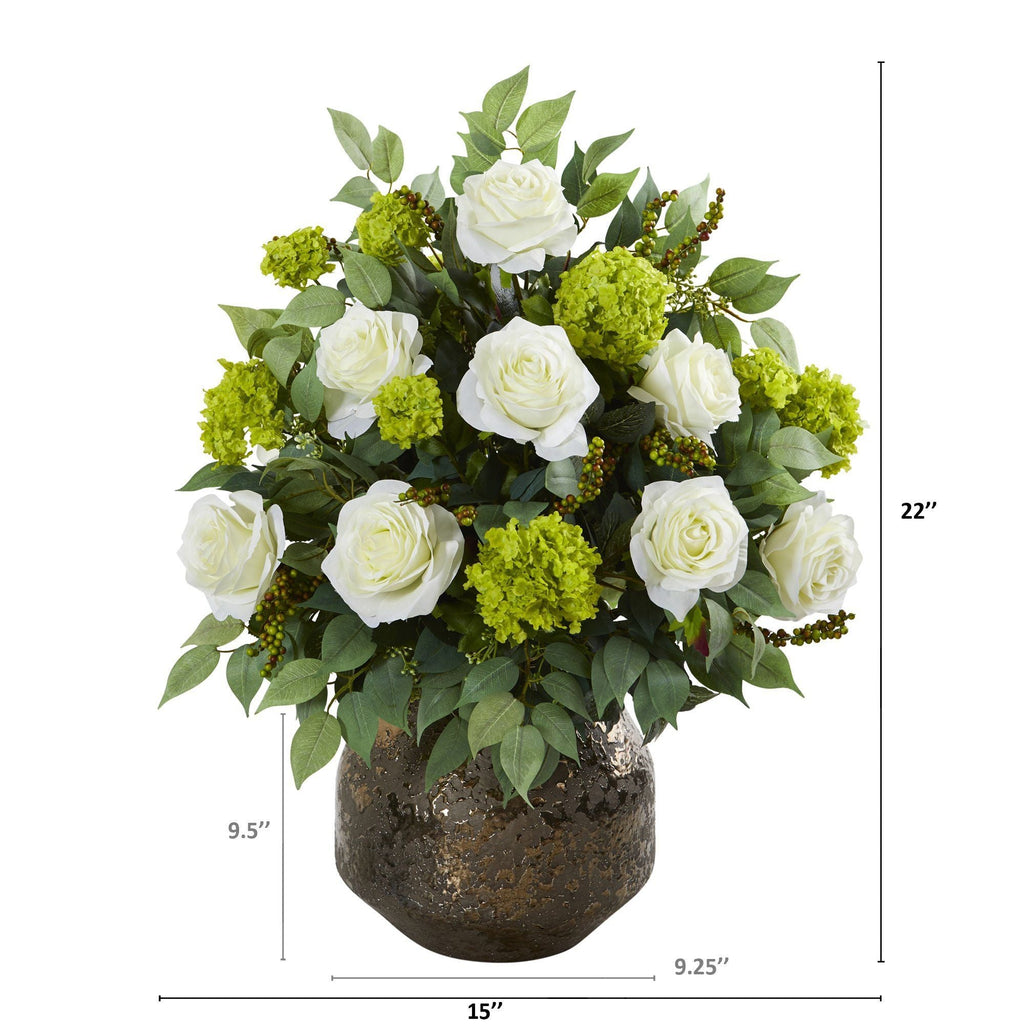 22” Rose and Snowball Hydrangea Artificial Arrangement in Designer Vase