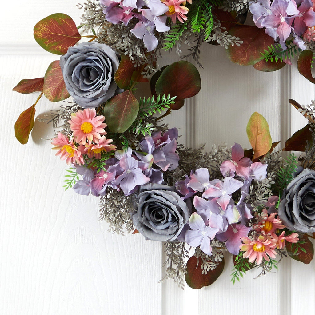22” Silver Rose and Purple Hydrangea Artificial Wreath