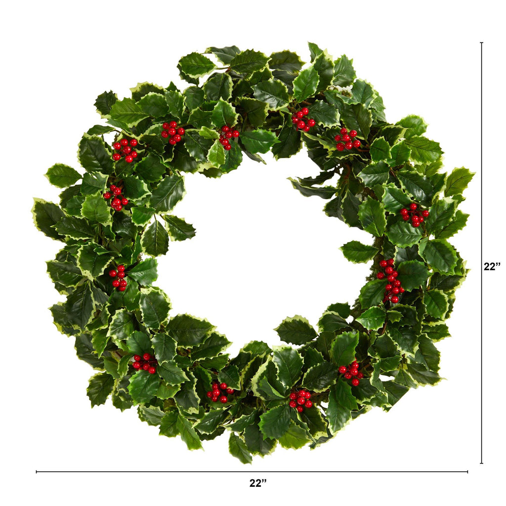 22” Variegated Holly Leaf with Berries Artificial Christmas Wreath