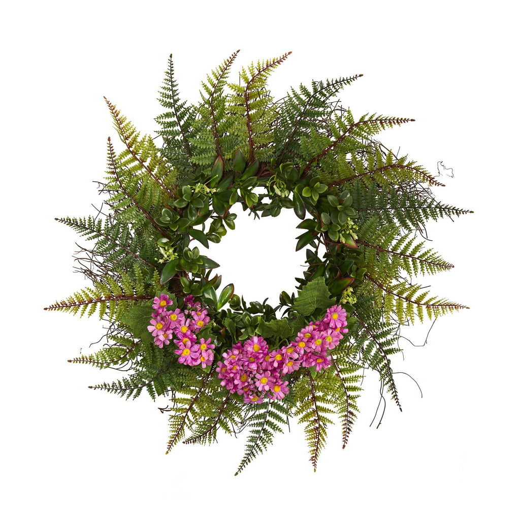 23” Assorted Fern and Daisy Artificial Wreath