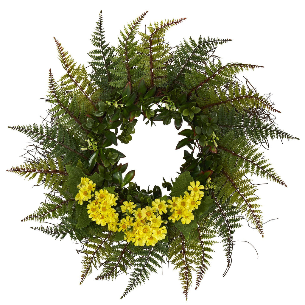 23” Assorted Fern and Daisy Artificial Wreath
