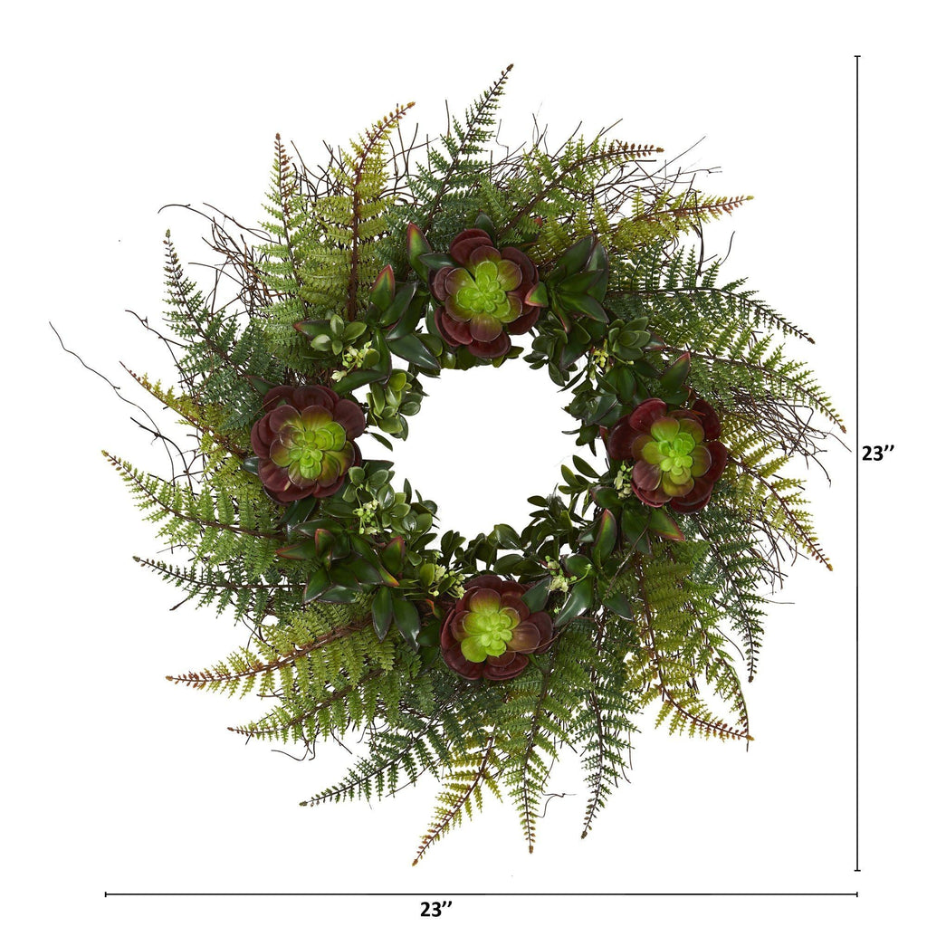 23” Assorted Fern and Echeveria Succulent Artificial Wreath