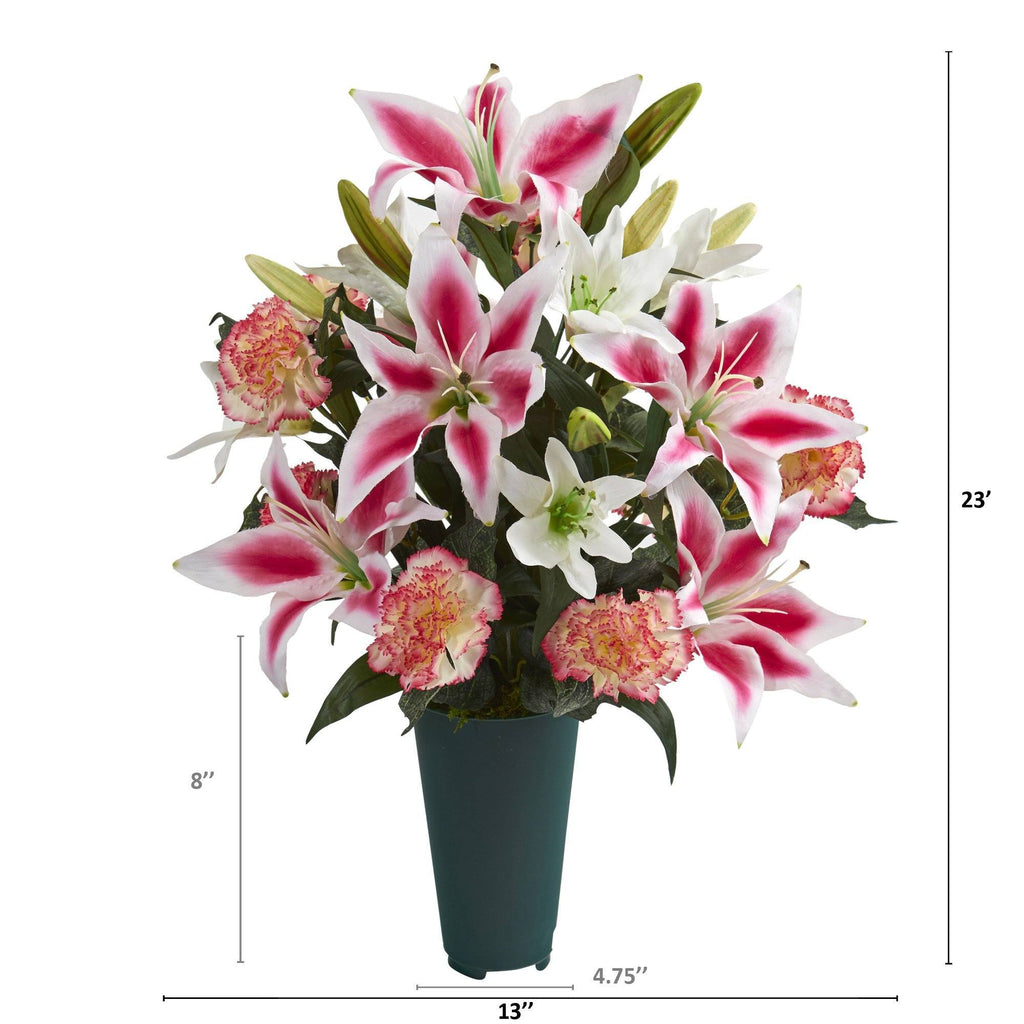 23” Carnation and Lilies Artificial Graveside Memorial Arrangement in Green Vase