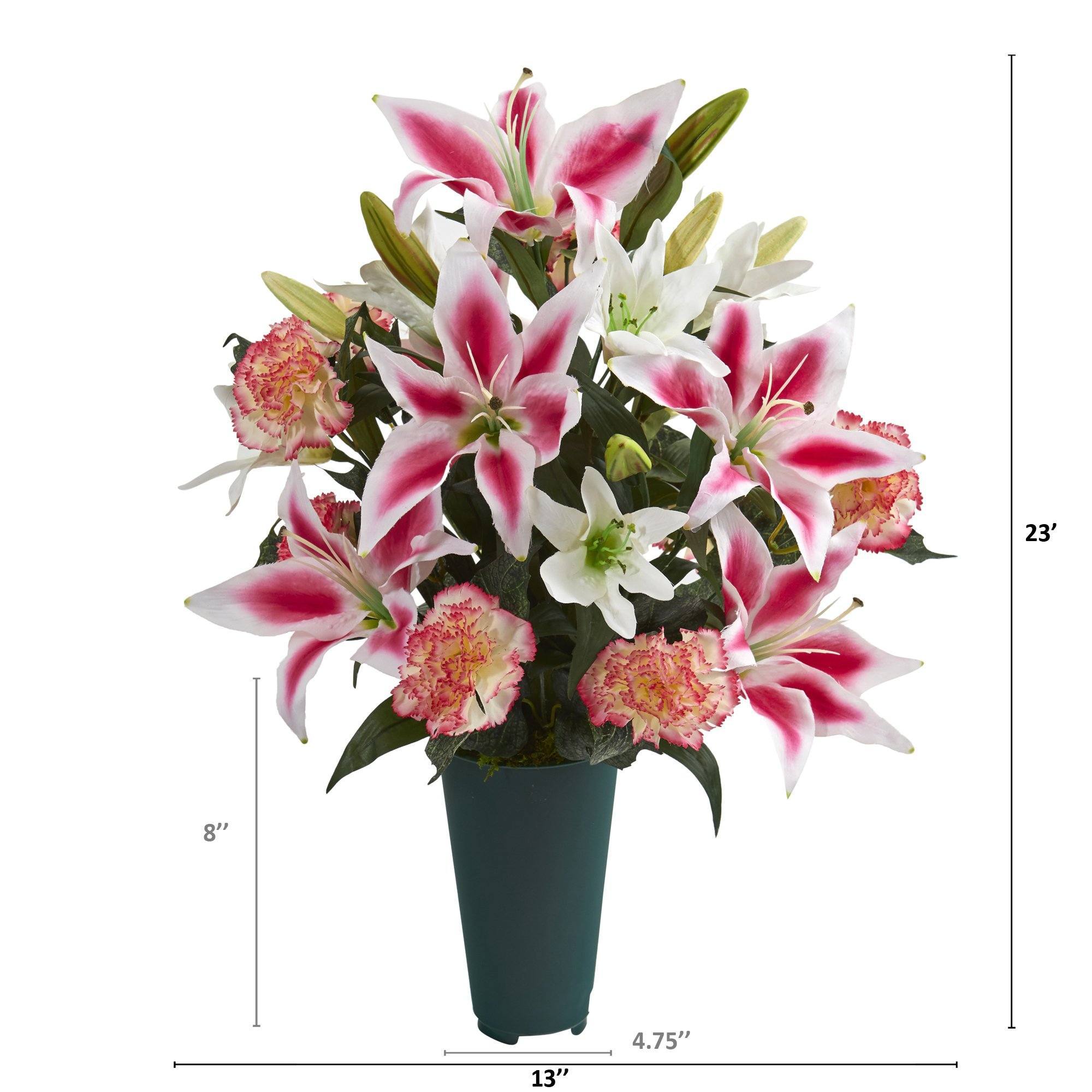 23” Carnation and Lilies Artificial Graveside Memorial Arrangement in Green Vase