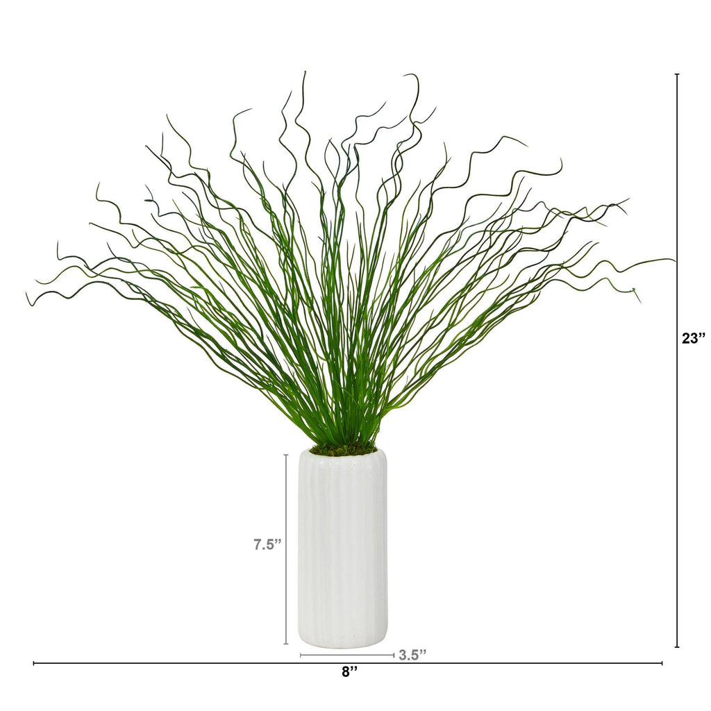 23” Curly Grass Artificial Plant in White Planter