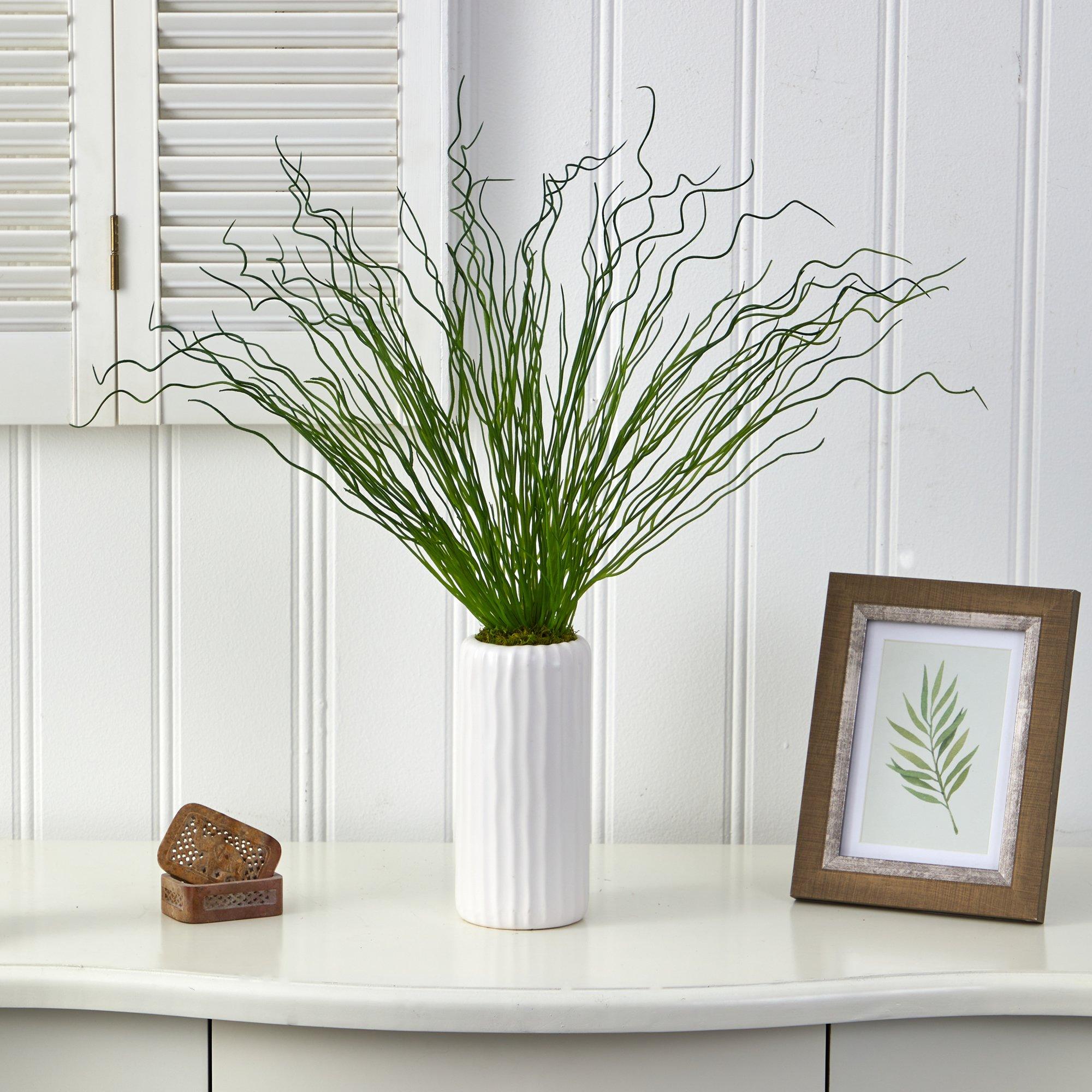 23” Curly Grass Artificial Plant in White Planter