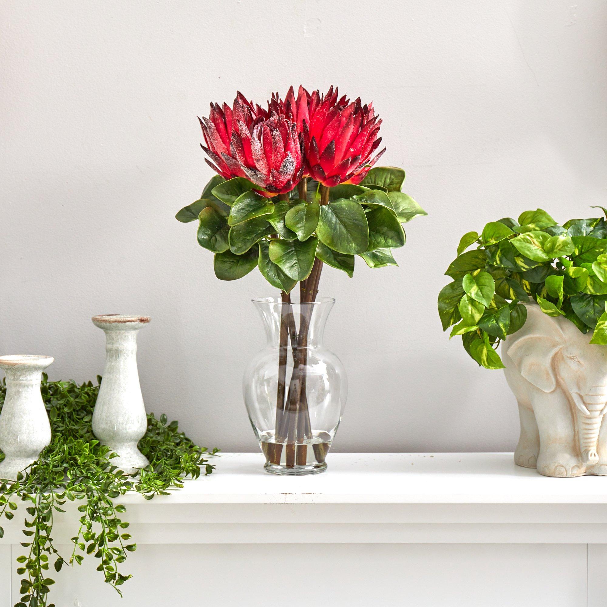 23” King Protea Artificial Arrangement in Glass Vase