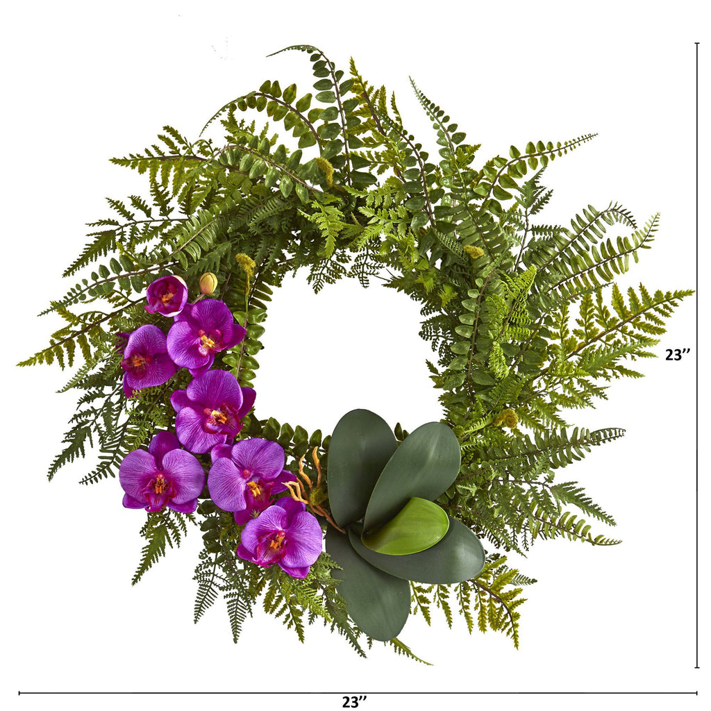 23” Mixed Greens and Phalaenopsis Orchid Artificial Wreath
