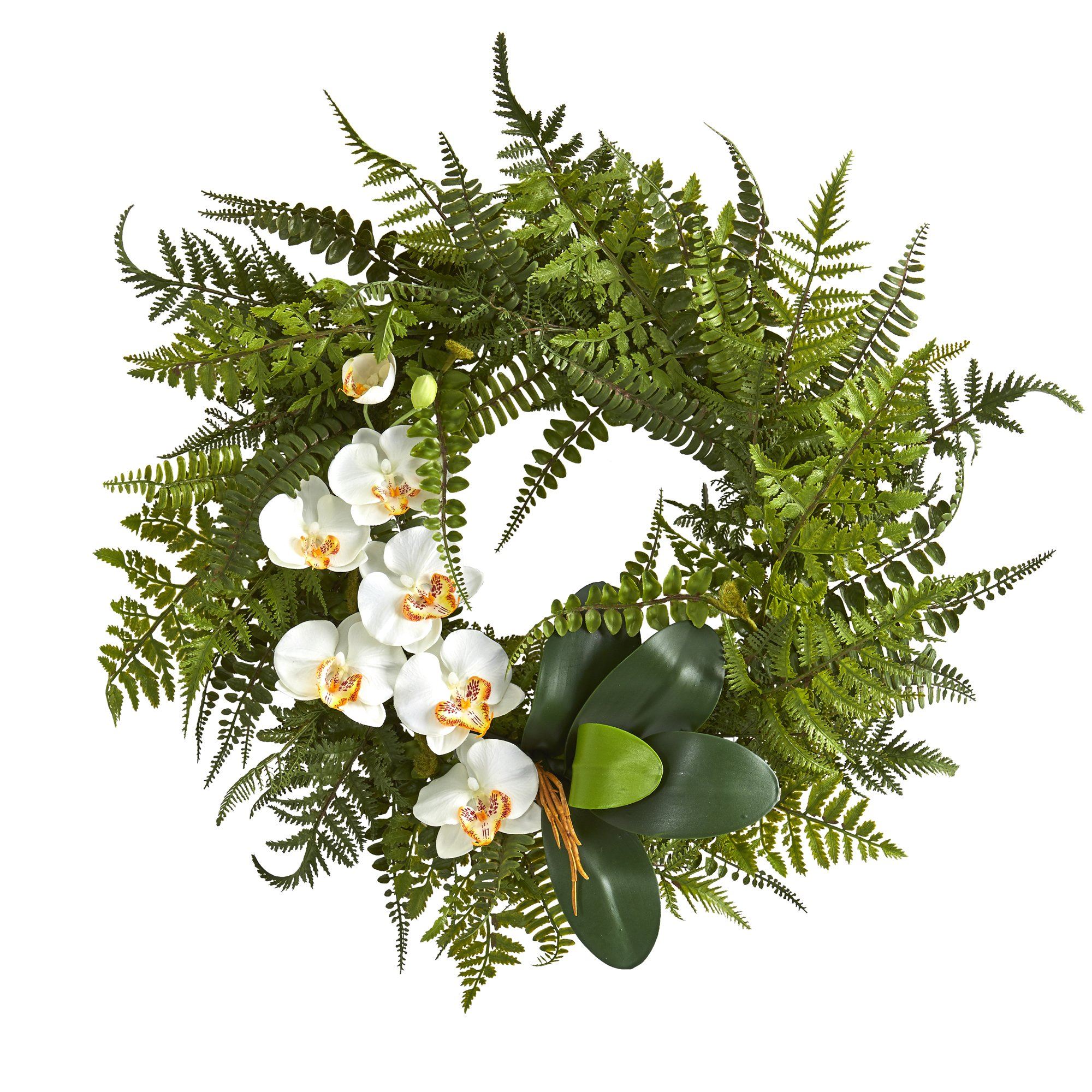 23” Mixed Greens and Phalaenopsis Orchid Artificial Wreath