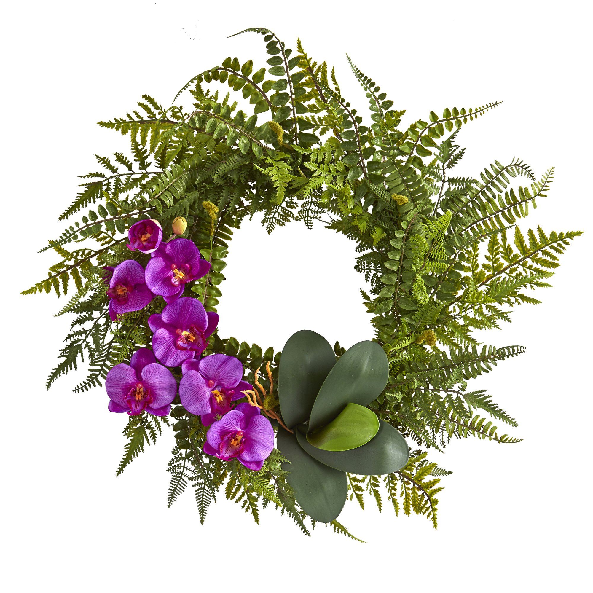 23” Mixed Greens and Phalaenopsis Orchid Artificial Wreath