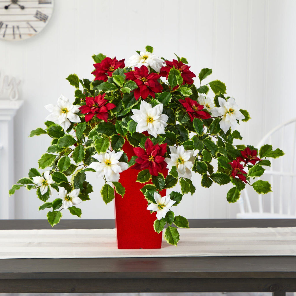 23” Poinsettia and Variegated Holly Artificial Plant in Decorative Planter (Real Touch)