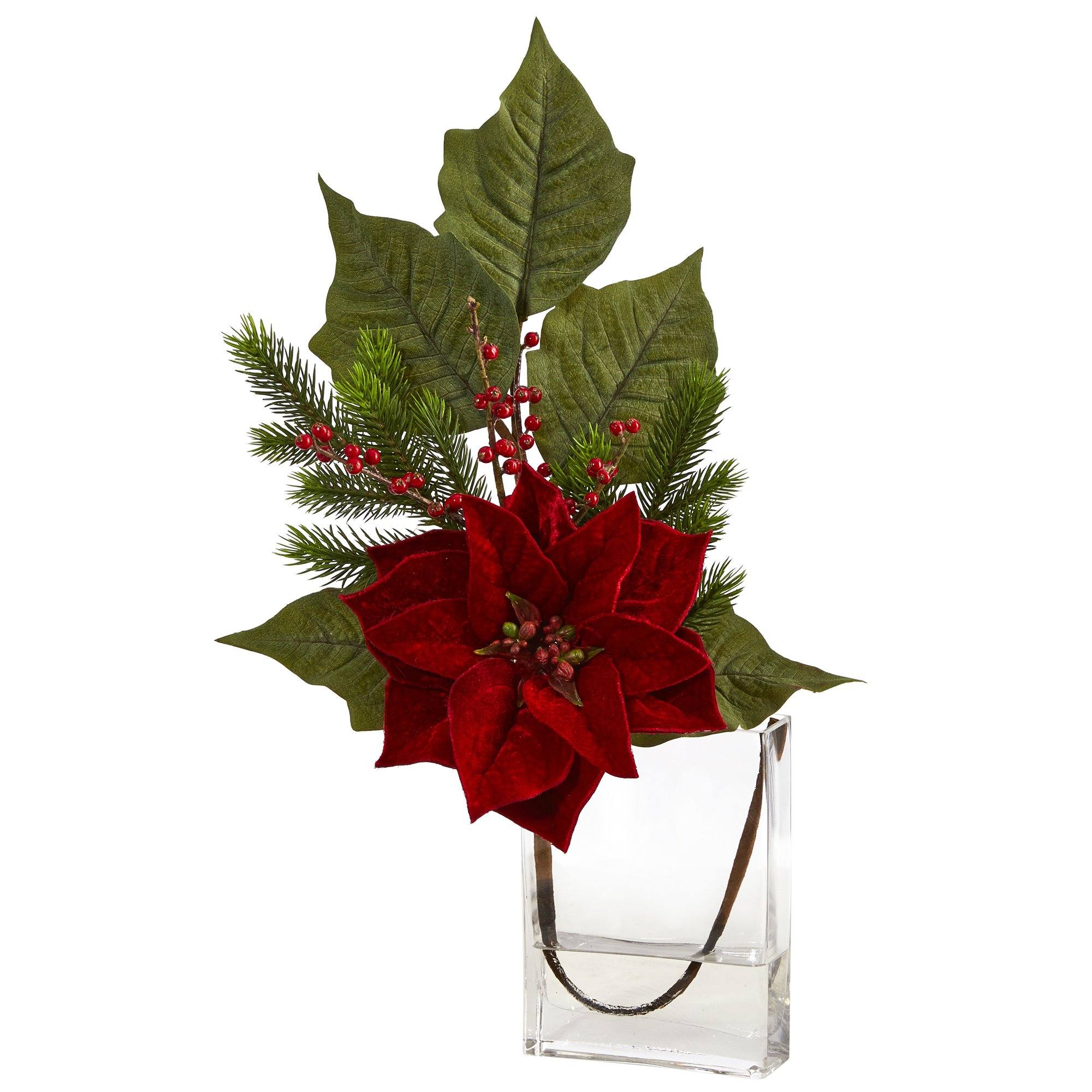 23” Poinsettia, Berries and Pine Artificial Arrangement in Glass Vase