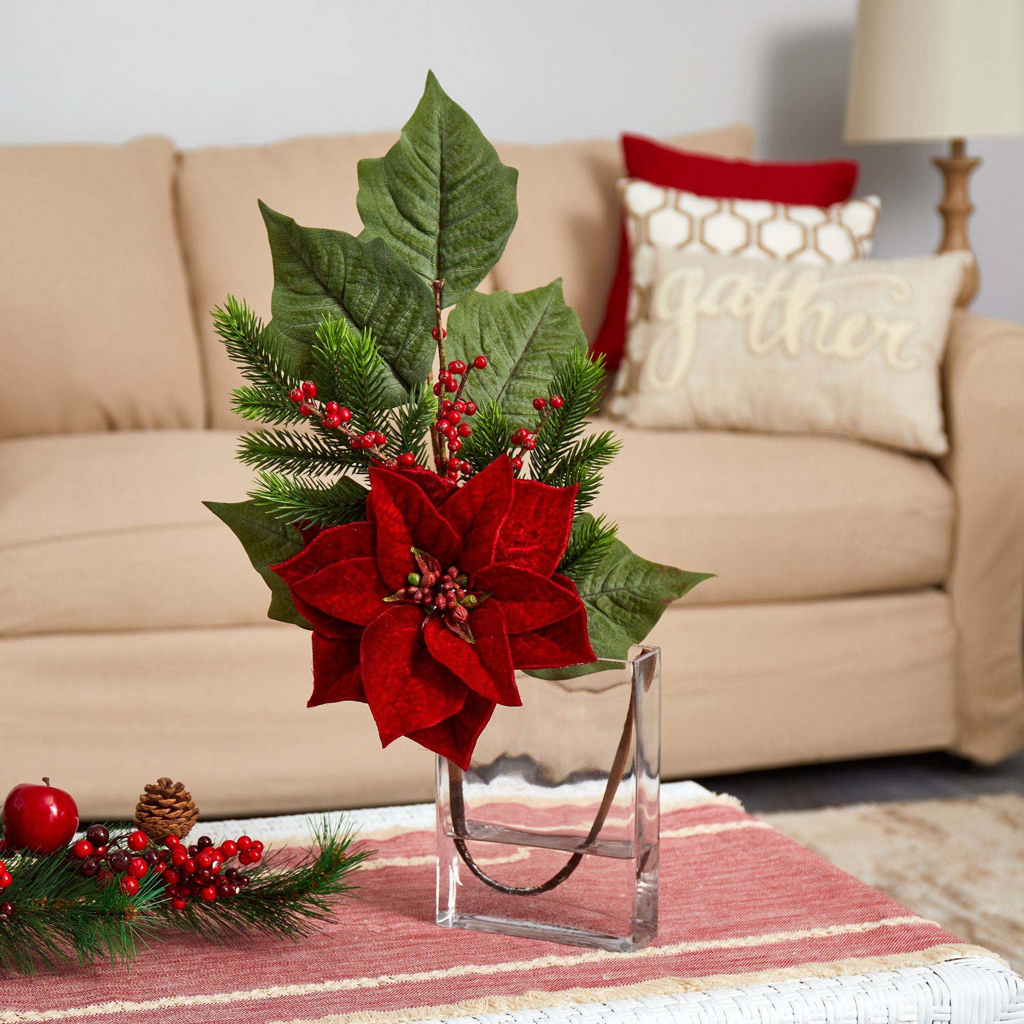 23” Poinsettia, Berries and Pine Artificial Arrangement in Glass Vase