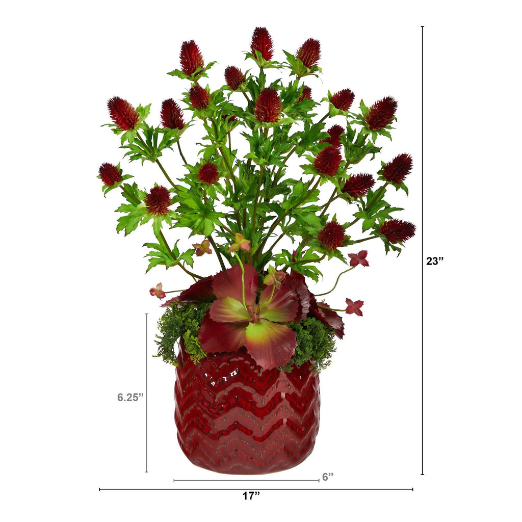 23” Thistle and Succulent Artificial Arrangement in Red Vase