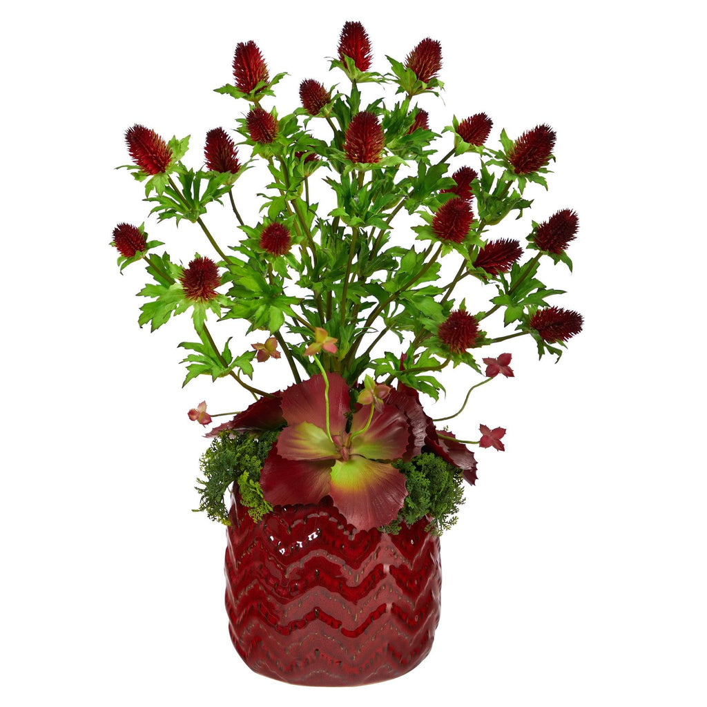 23” Thistle and Succulent Artificial Arrangement in Red Vase