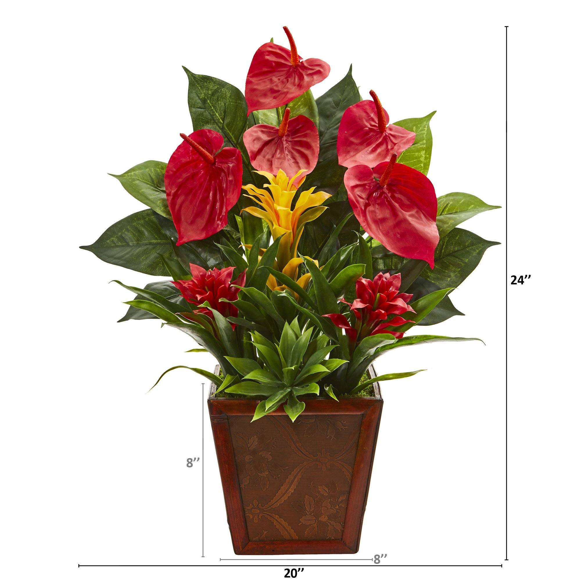 24” Anthurium, Bromeliad and Succulent Artificial Plant in Decorative Planter