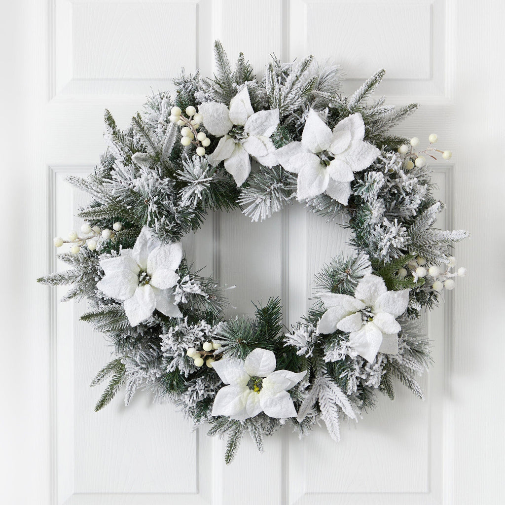 24” Artificial Flocked Poinsettia and Pine Christmas Wreath with 50 Warm White LED Lights