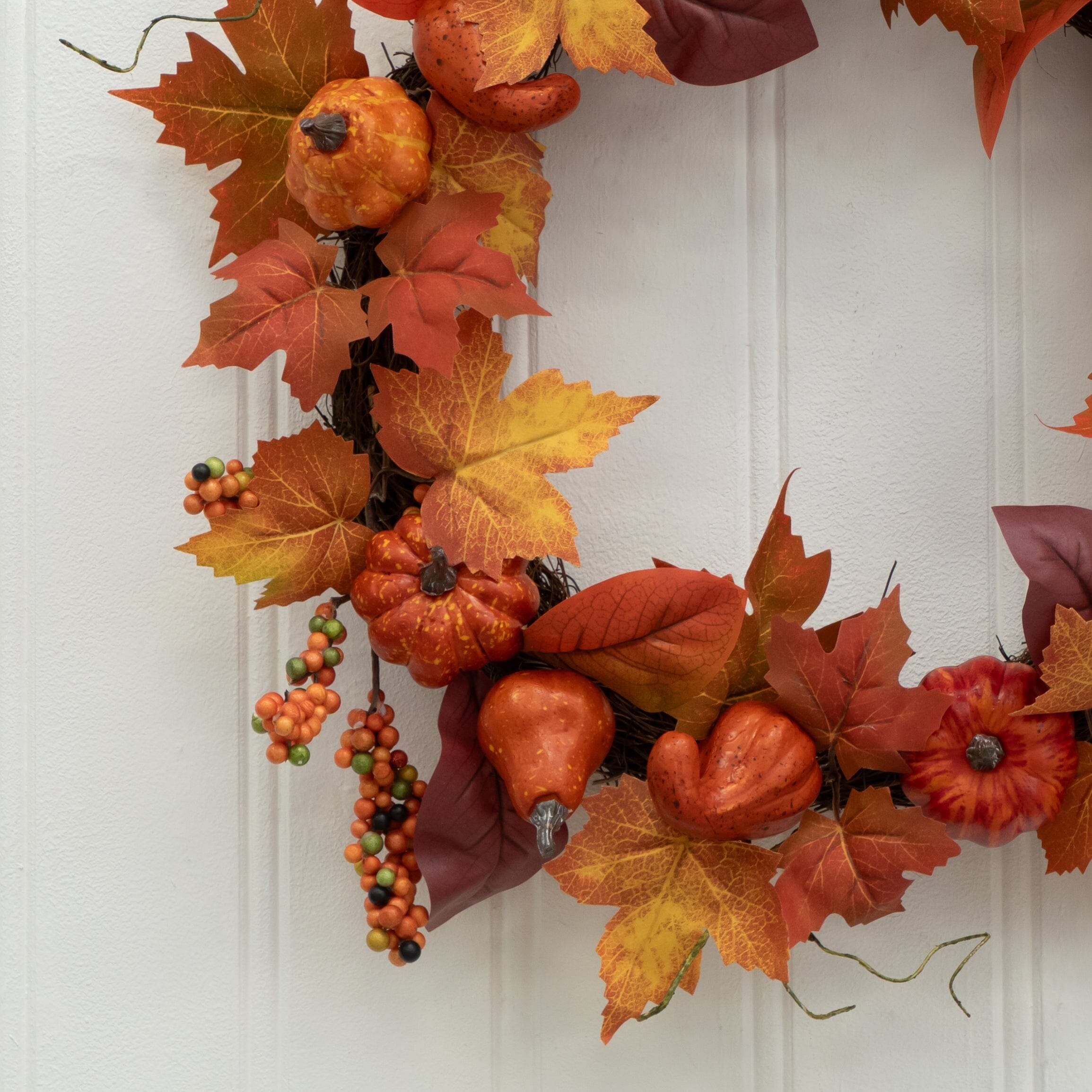 24” Autumn Maple Leaves, Pumpkin, Pinecone and Berries Artificial Fall Wreath