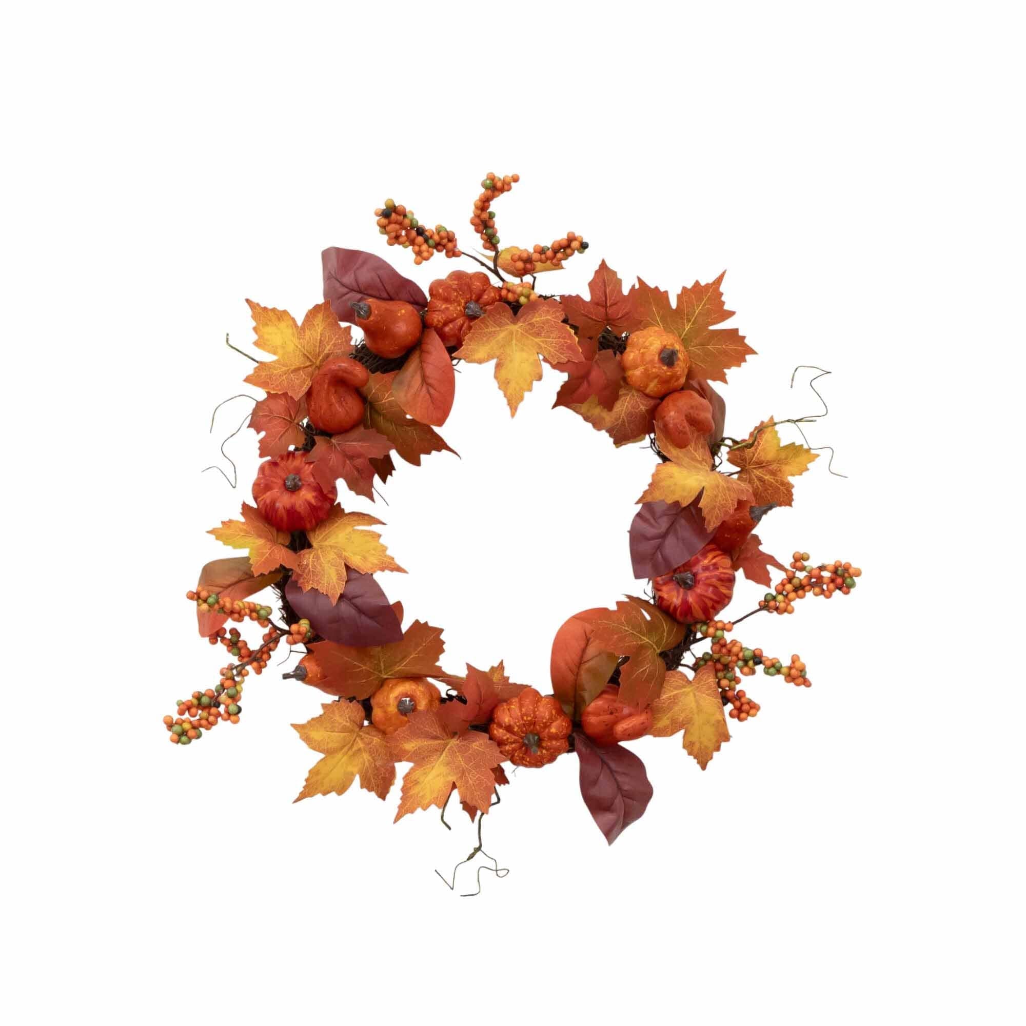 24” Autumn Maple Leaves, Pumpkin, Pinecone and Berries Artificial Fall Wreath