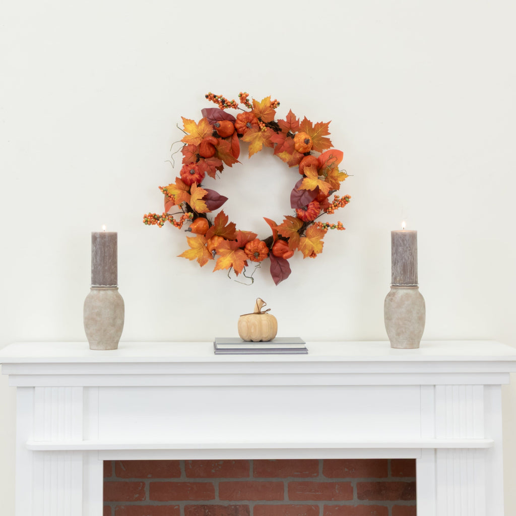 24” Autumn Maple Leaves, Pumpkin, Pinecone and Berries Artificial Fall Wreath