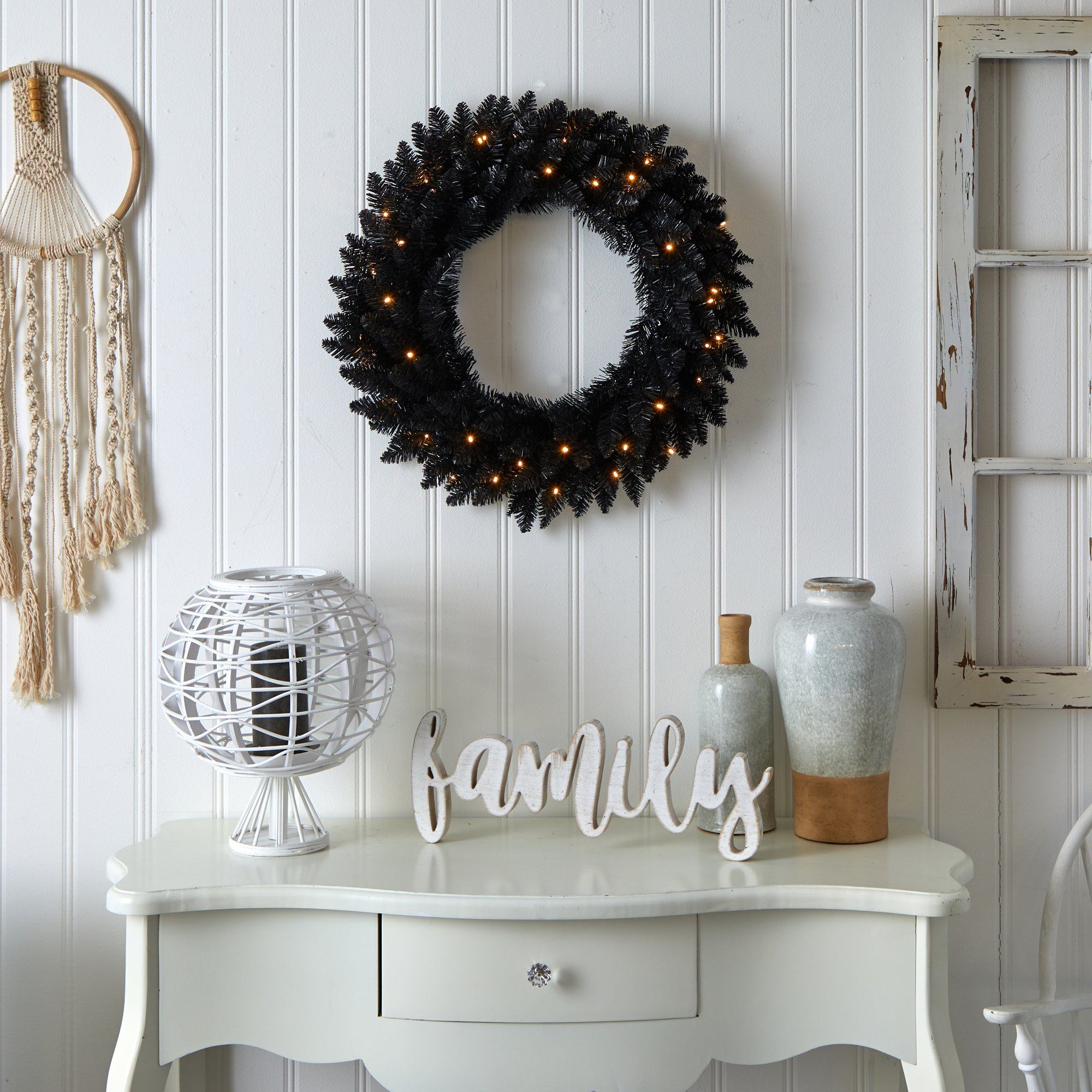24” Black Artificial Wreath with 35 Warm White LED Lights