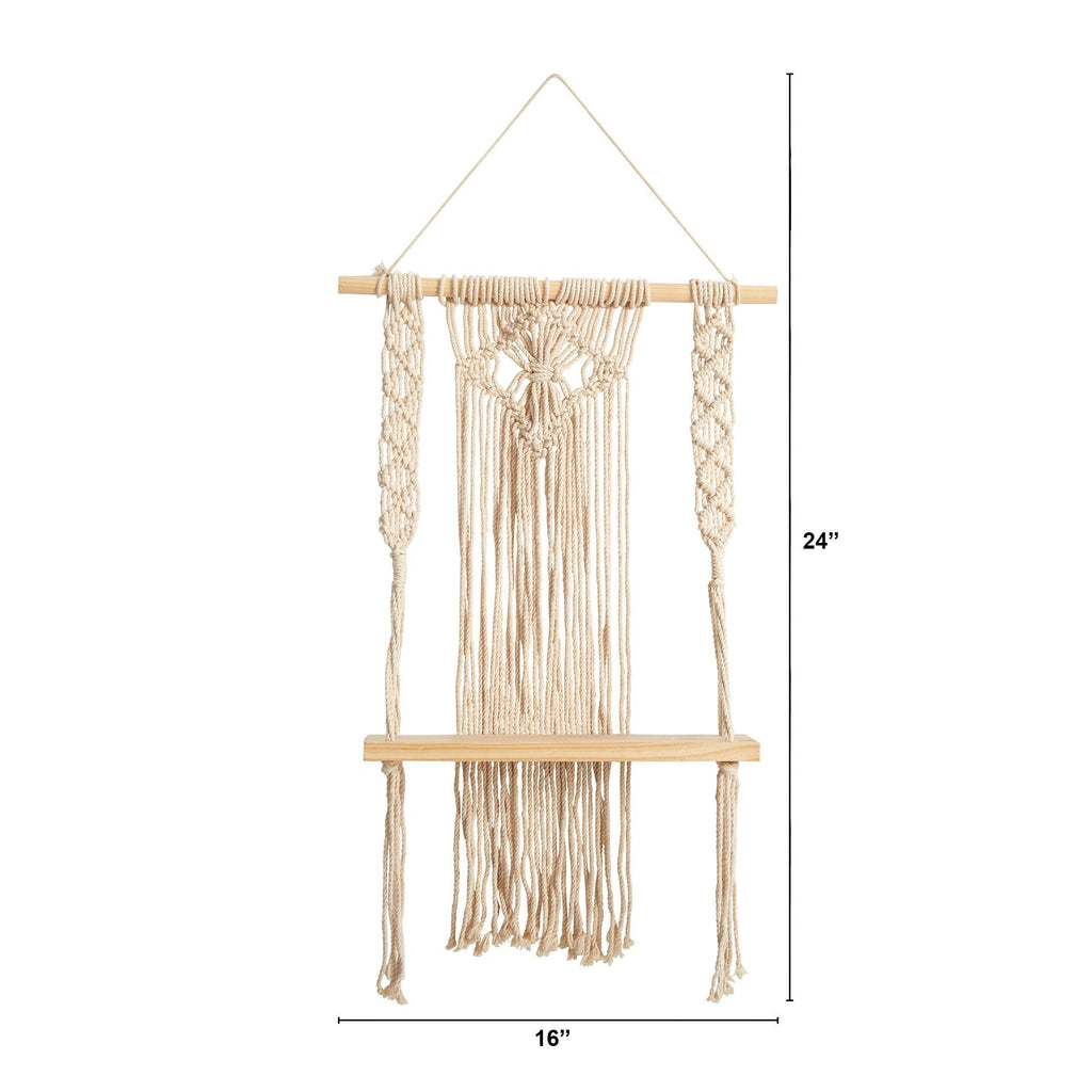 24" Boho Chic Wood Macrame Single Shelf Woven Diamond Wall Art Décor"
