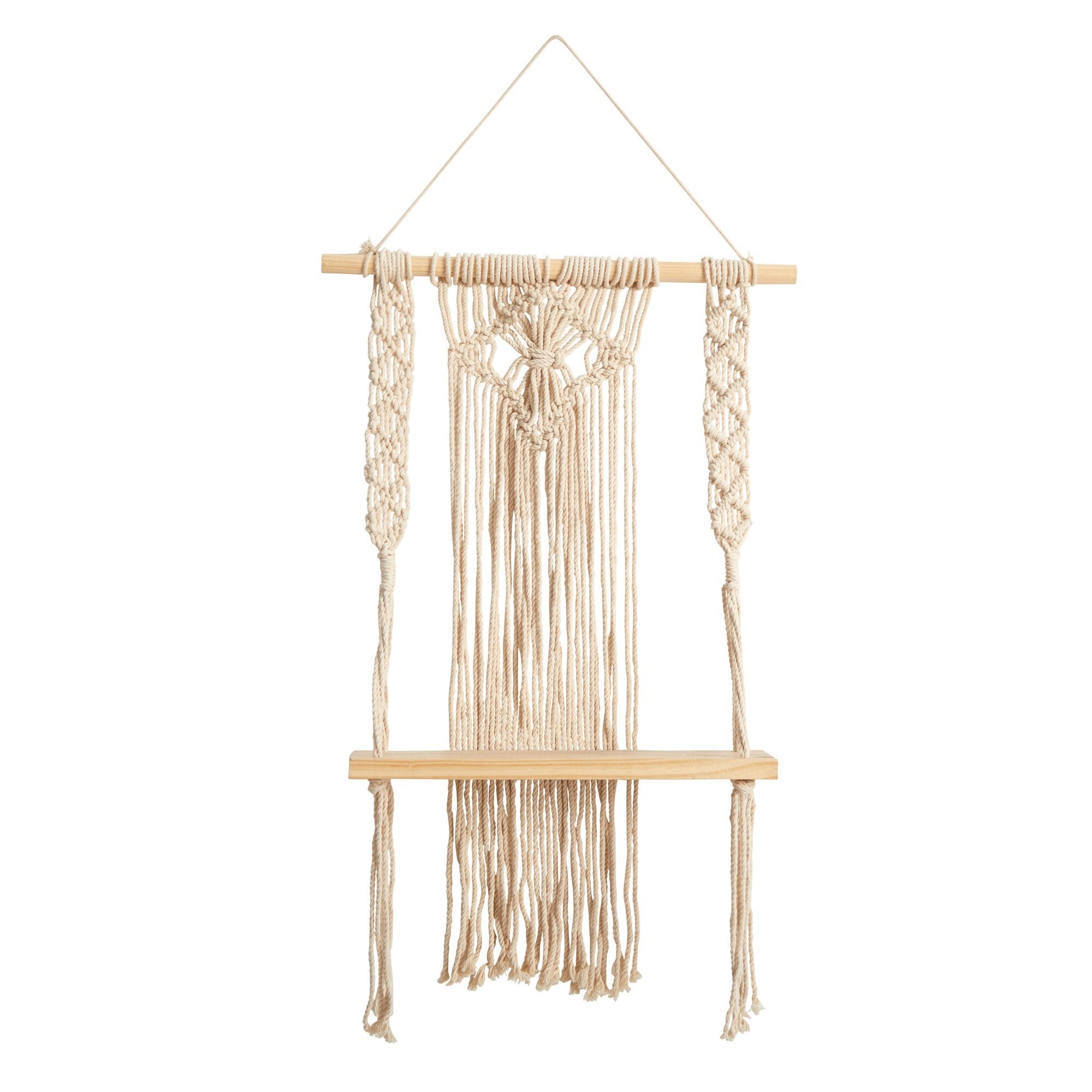 24" Boho Chic Wood Macrame Single Shelf Woven Diamond Wall Art Décor"