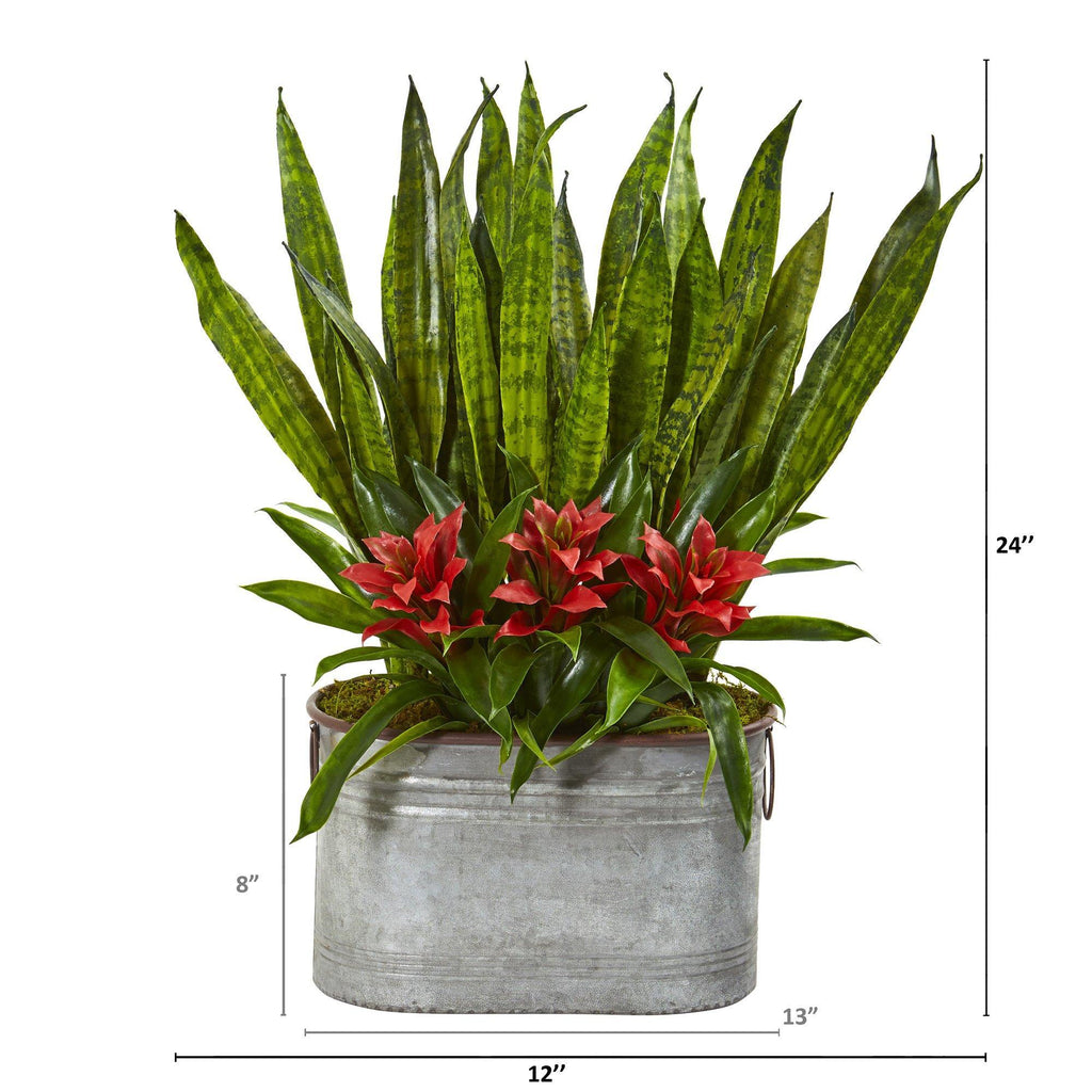 24” Bromeliad and Sansevieria Plant in Metal Planter
