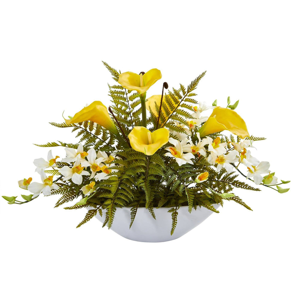 24” Calla Lilly, Dendrobium Orchid and Fern Artificial Arrangement in White Vase