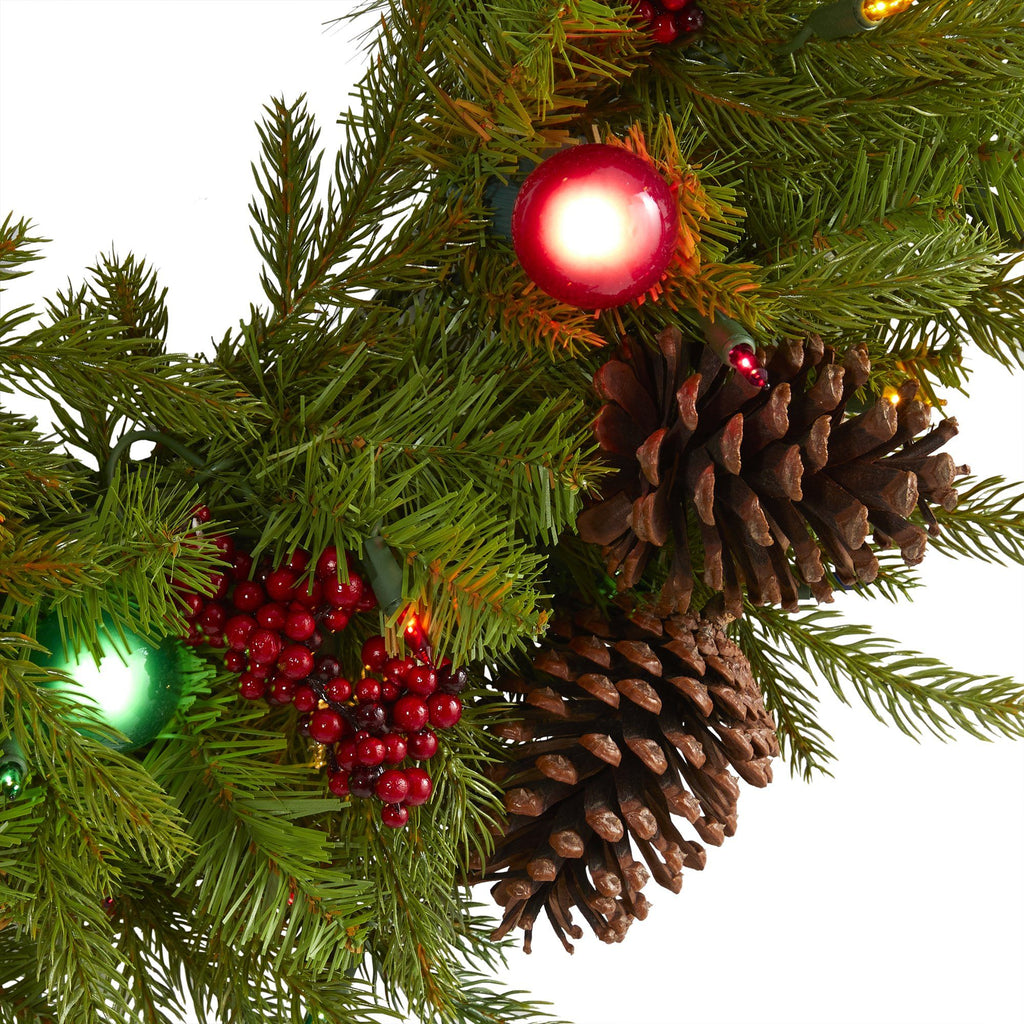 24” Christmas Artificial Wreath with 50 Multicolored Lights, 7 Multicolored Globe Bulbs, Berries and Pine Cones