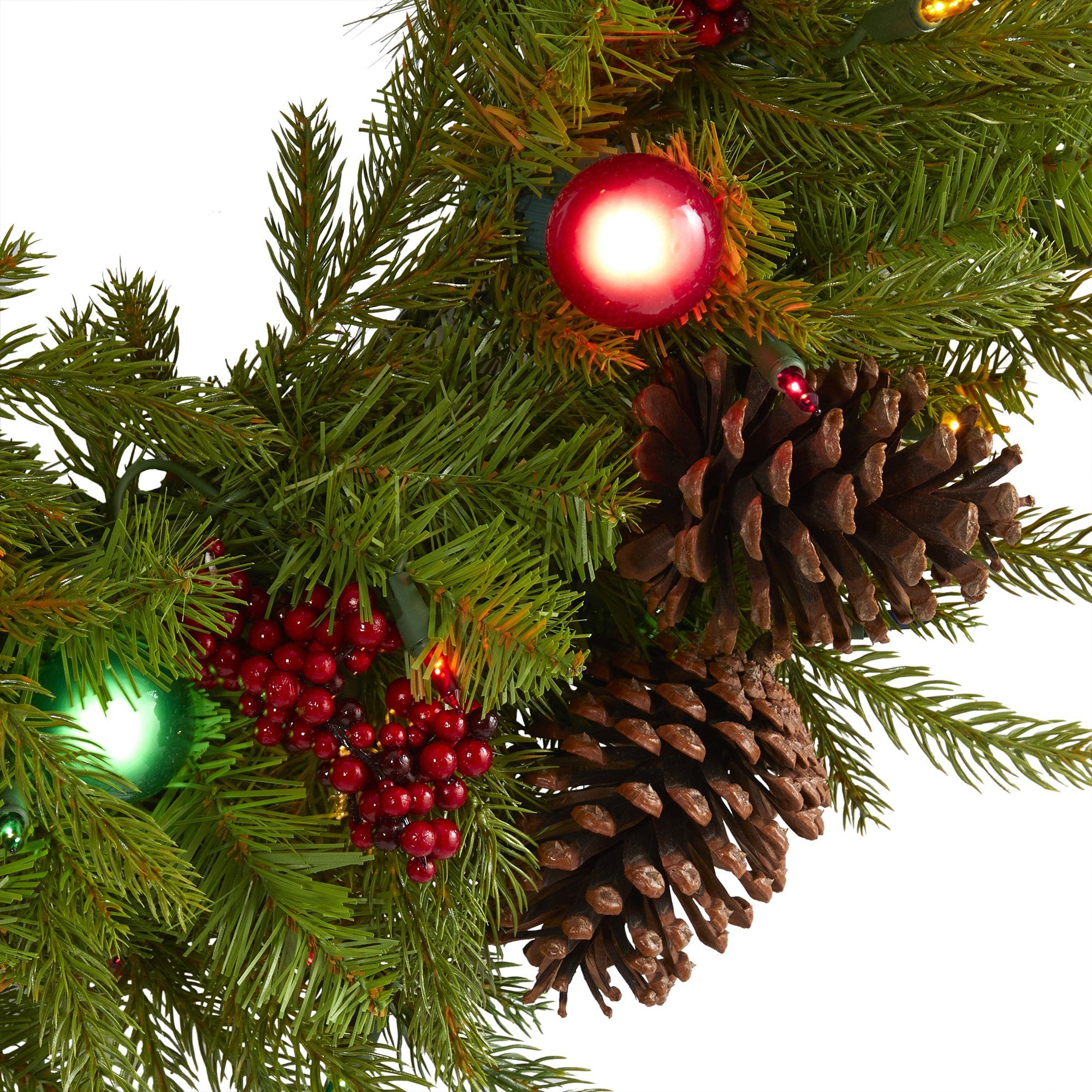 24” Christmas Artificial Wreath with 50 Multicolored Lights, 7 Multicolored Globe Bulbs, Berries and Pine Cones