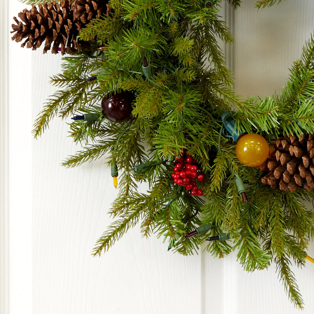 24” Christmas Artificial Wreath with 50 Multicolored Lights, 7 Multicolored Globe Bulbs, Berries and Pine Cones