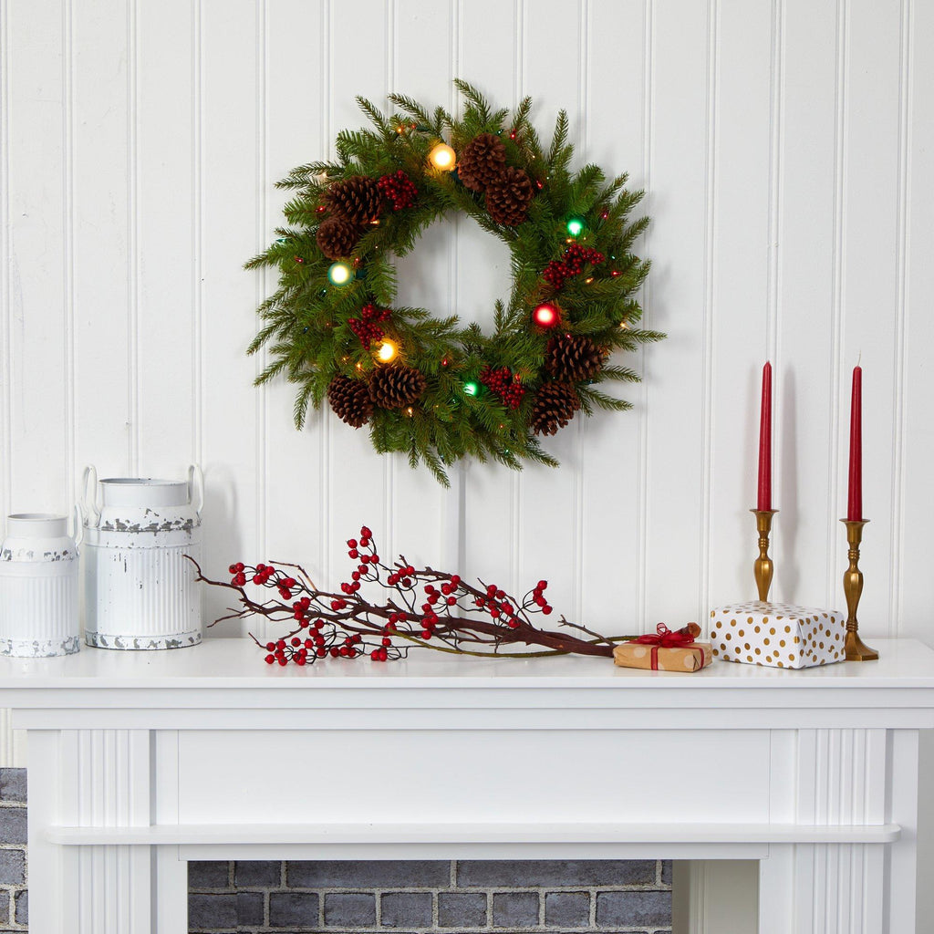 24” Christmas Artificial Wreath with 50 Multicolored Lights, 7 Multicolored Globe Bulbs, Berries and Pine Cones