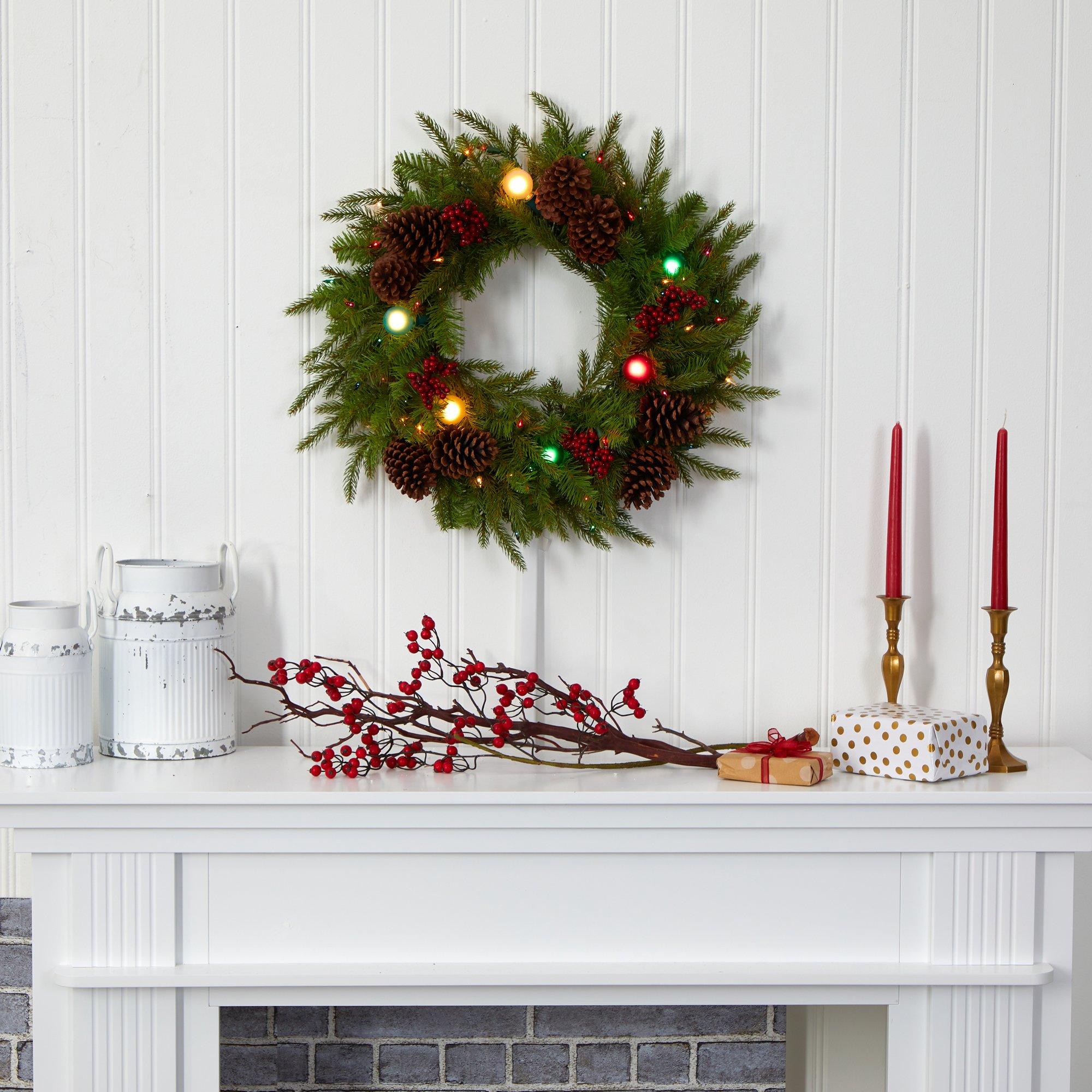 24” Christmas Artificial Wreath with 50 Multicolored Lights, 7 Multicolored Globe Bulbs, Berries and Pine Cones