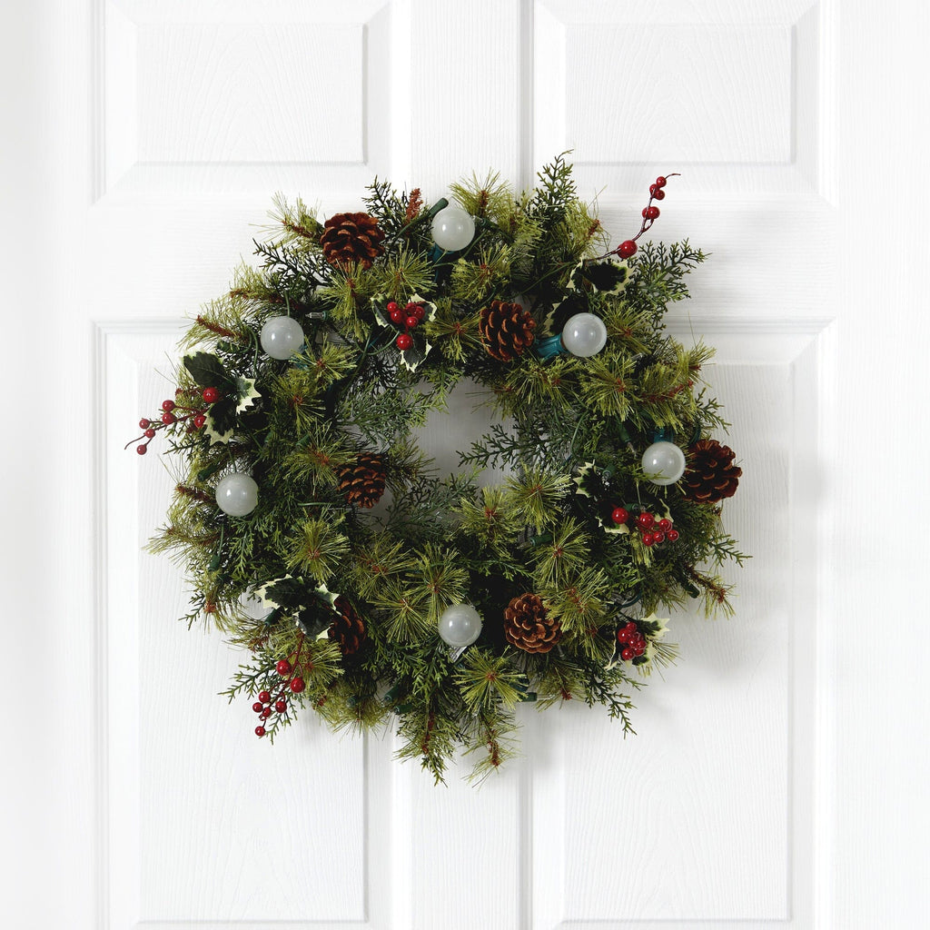 24” Christmas Artificial Wreath with 50 White Warm Lights, 7 Globe Bulbs, Berries and Pine Cones