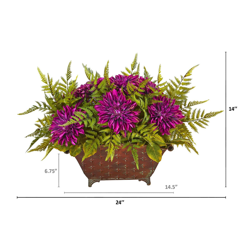 24” Dahlia and Fern Artificial Arrangement in Metal Planter
