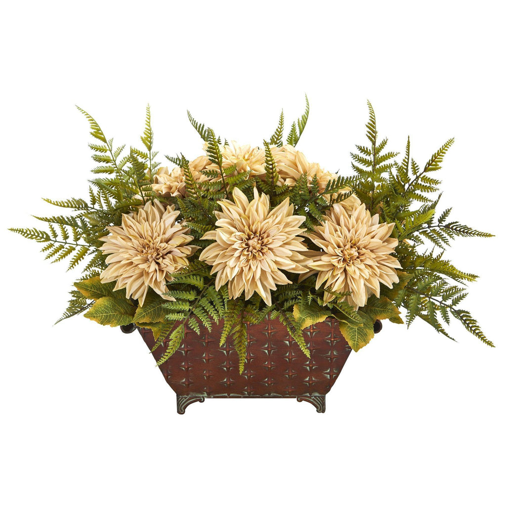 24” Dahlia and Fern Artificial Arrangement in Metal Planter