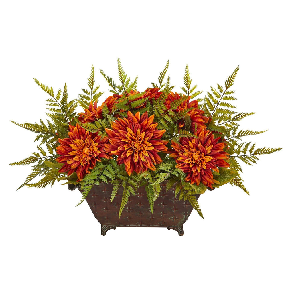 24” Dahlia and Fern Artificial Arrangement in Metal Planter