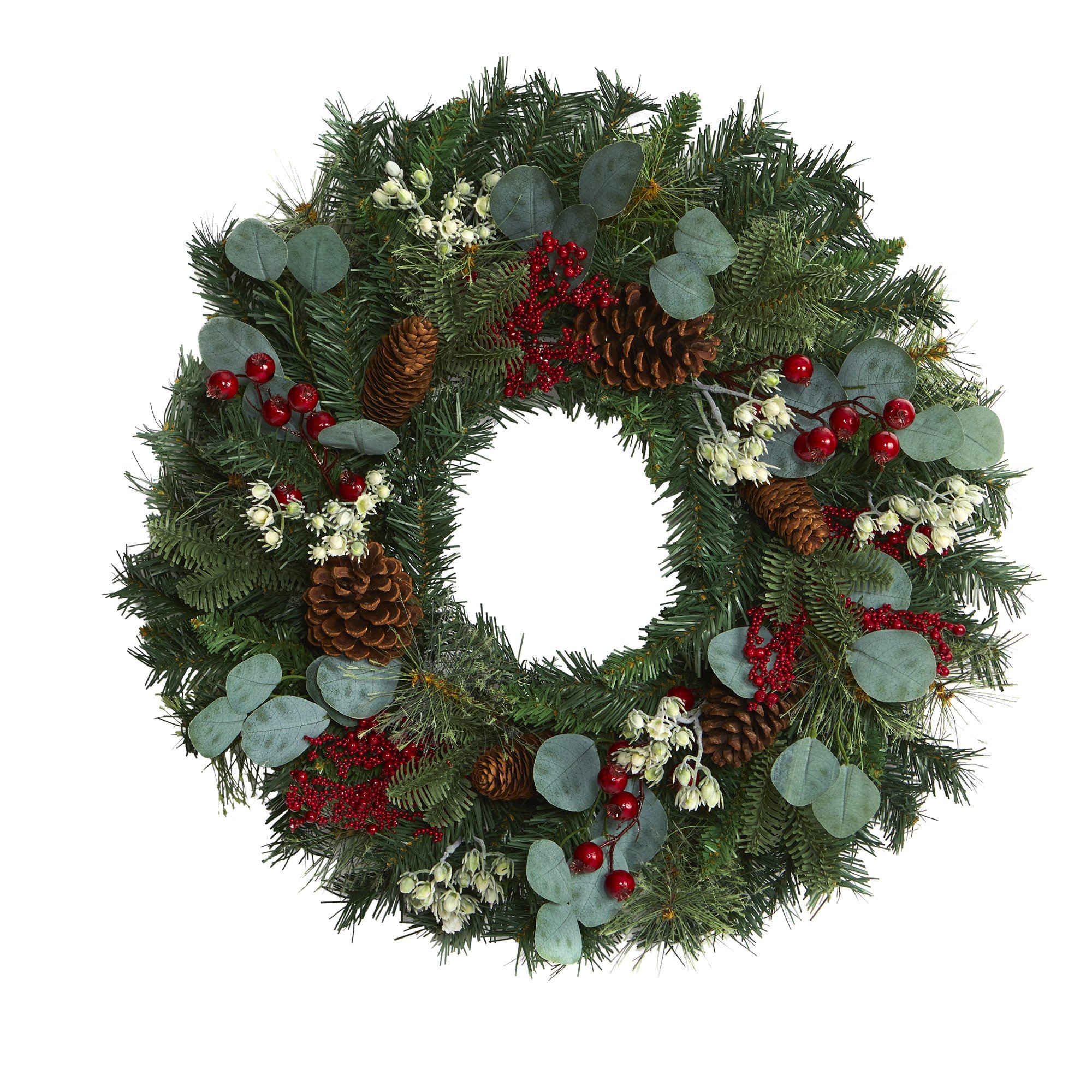24” Eucalyptus and Pine Artificial Wreath with Berries and Pine Cones