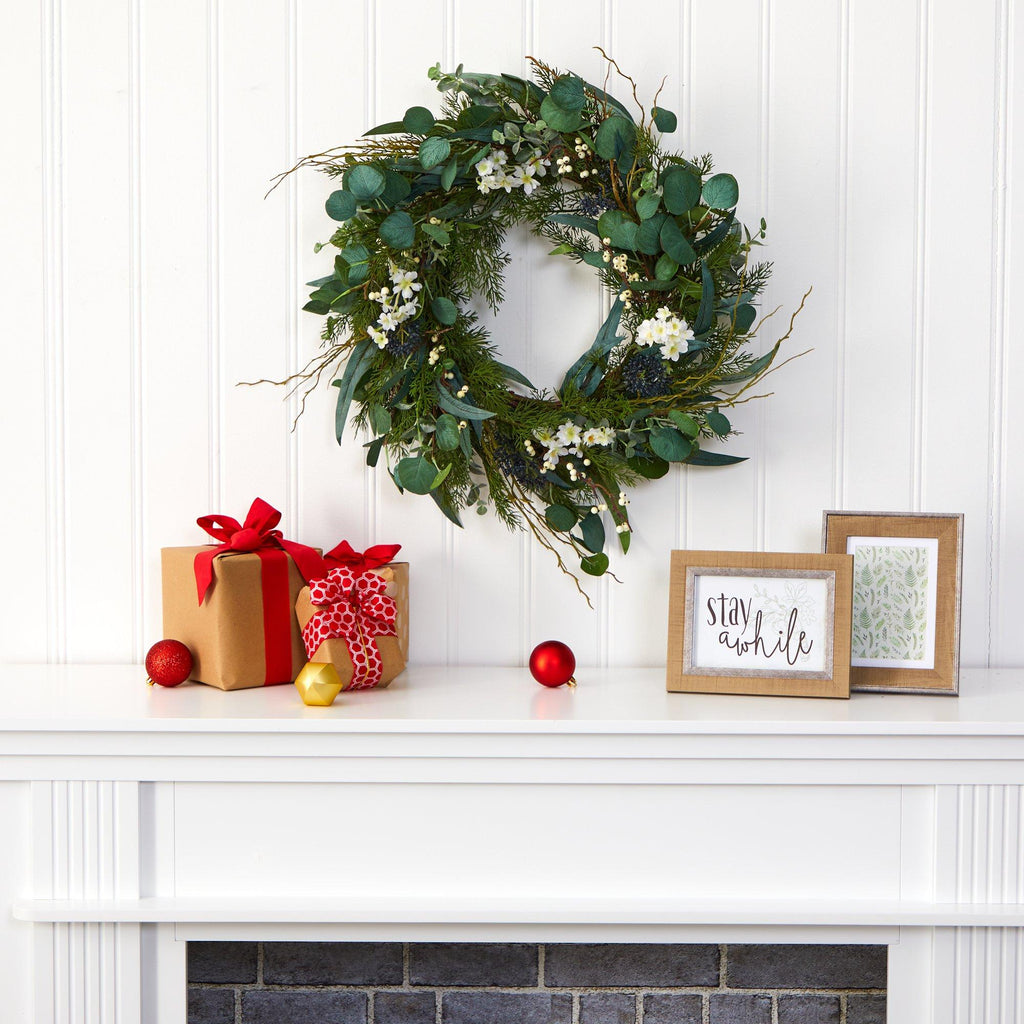 24” Eucalyptus, Dancing Daisy and Mixed Greens Artificial Wreath