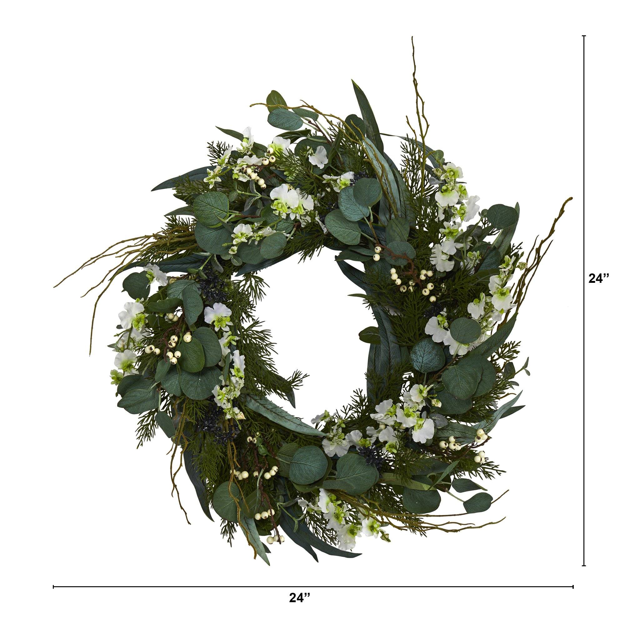 24” Eucalyptus, Dancing Lady Orchid and Mixed Greens Artificial Wreath