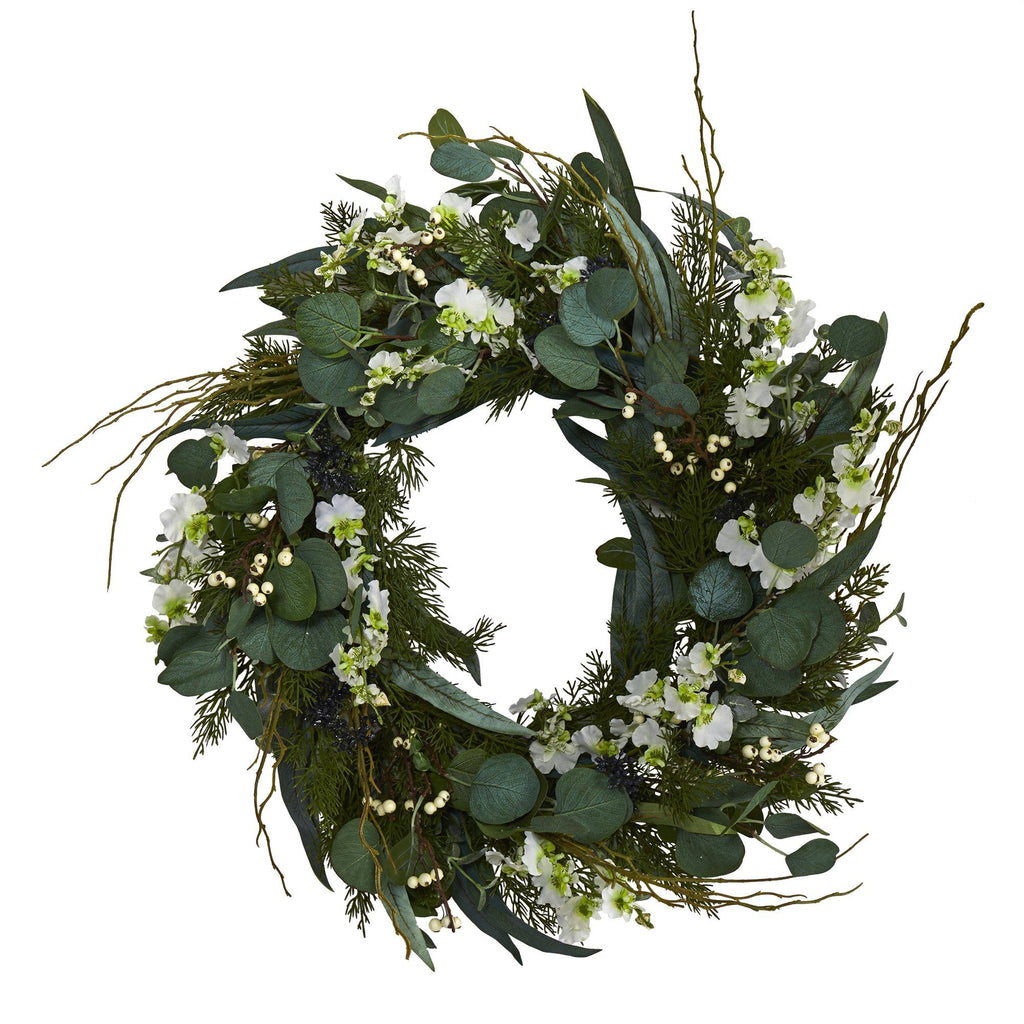 24” Eucalyptus, Dancing Lady Orchid and Mixed Greens Artificial Wreath