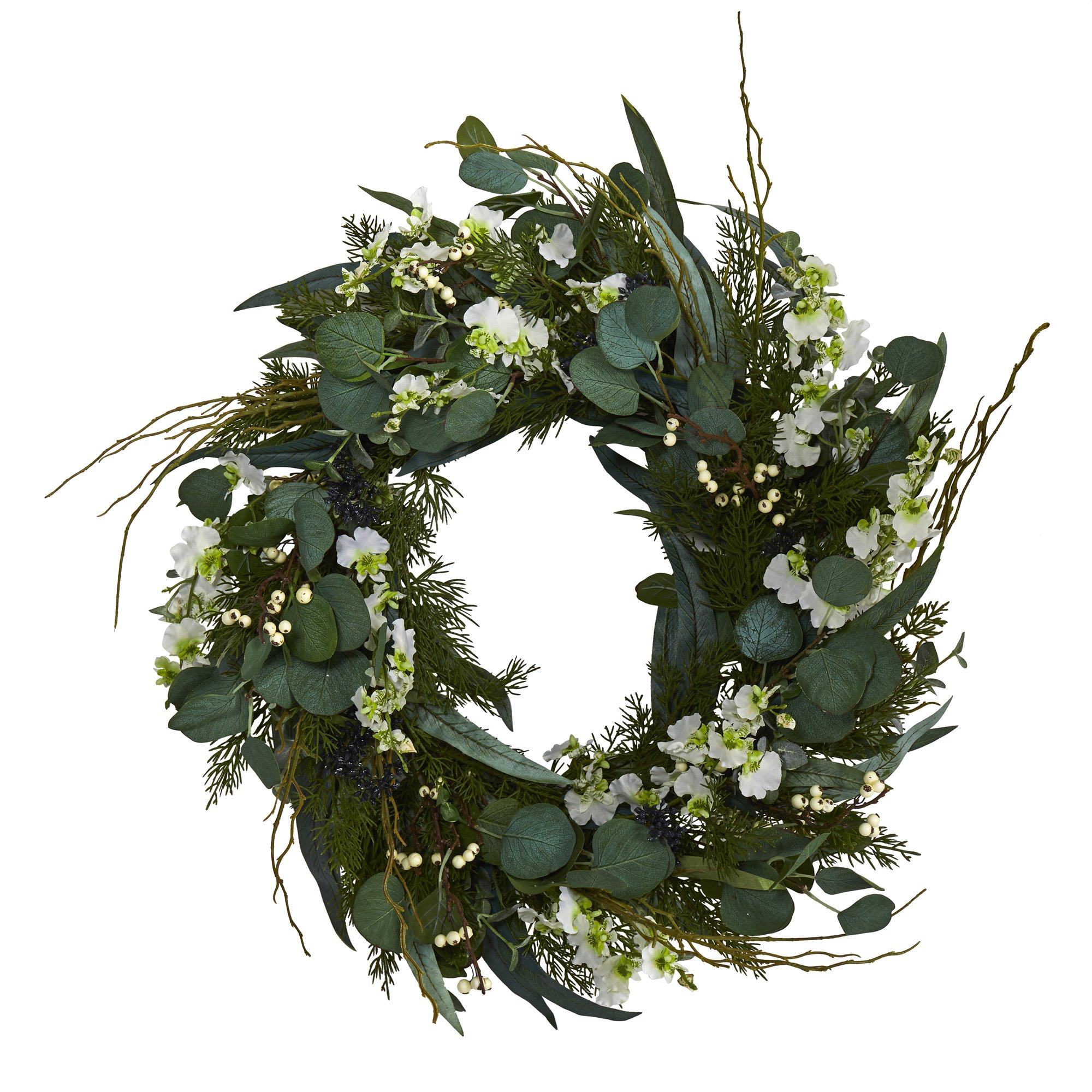 24” Eucalyptus, Dancing Lady Orchid and Mixed Greens Artificial Wreath