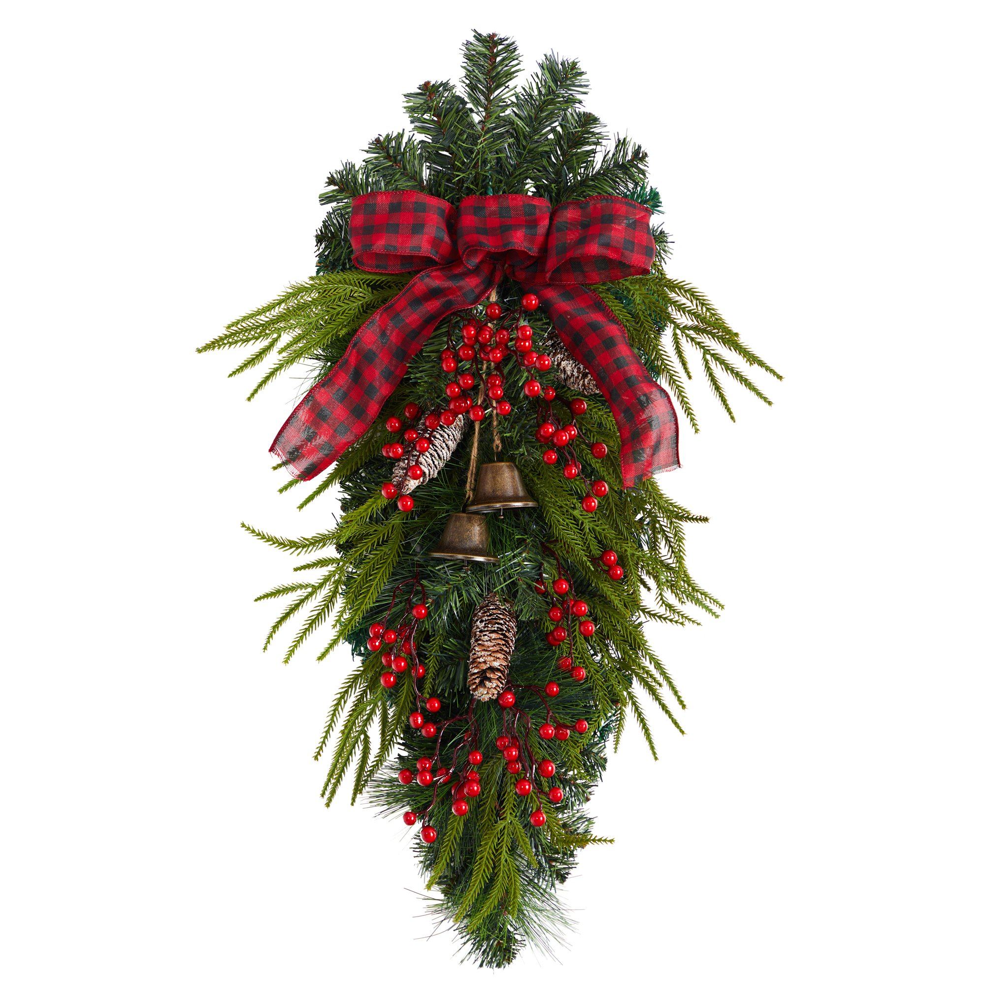24” Holiday Christmas Pine Cones, Berry and Bells Teardrop
